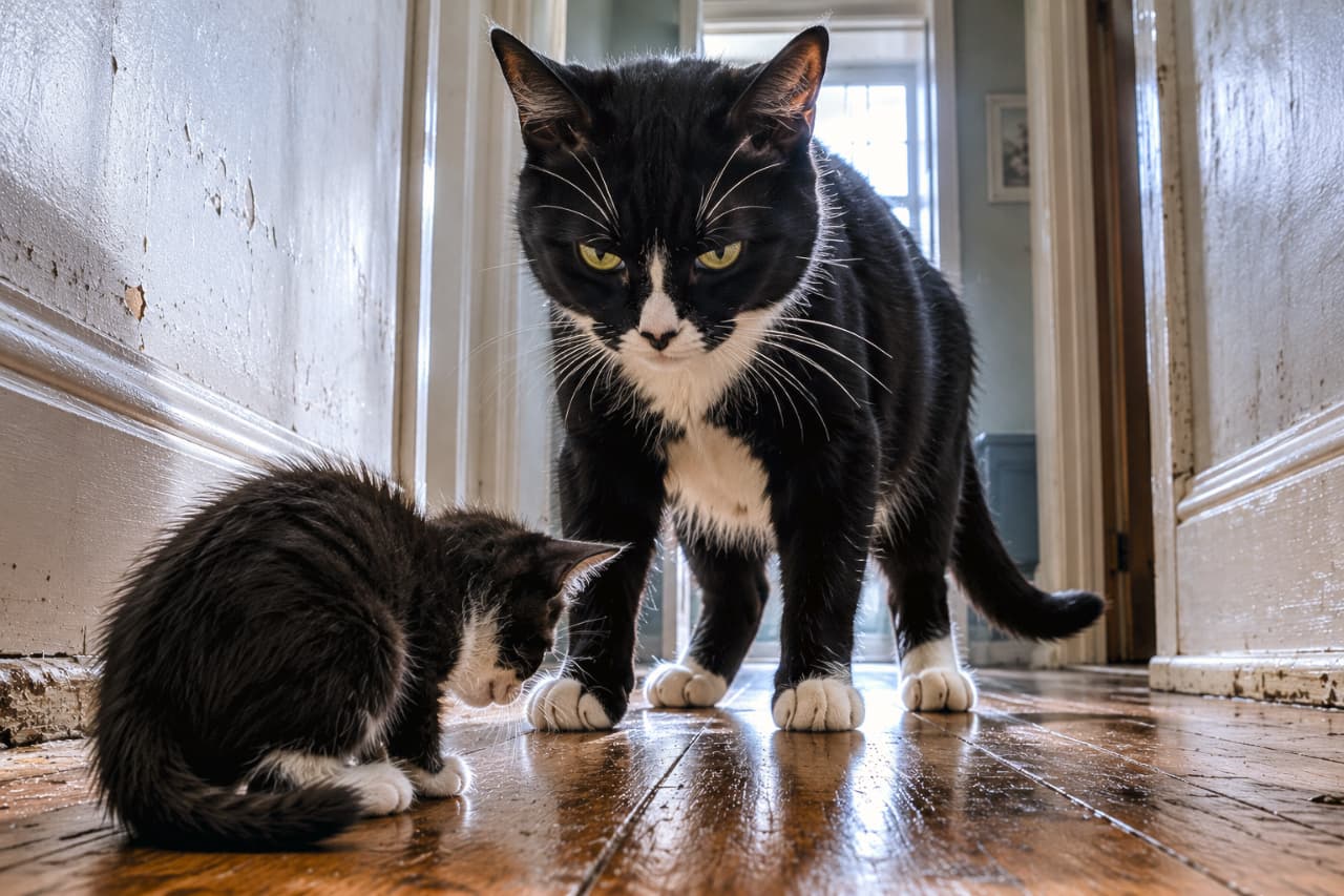 「圧倒的なラスボス感…！🙀厳しいママのプレッシャーに耐える子猫、頑張れ🐾 #ハチワレ #親子の絆」Ultra-realistic high-quality photograph taken from a dramatic low angle, emphasizing the intense confrontation between a massive tuxedo mother cat looking down sternly and her tiny, cowering tuxedo kitten on a reflective old wooden floor. 古びた木製の廊下で、圧倒的な存在感を放つ黒白のハチワレ母猫が子猫を見下ろす緊迫の対峙シーン。床にへばりつくように身を屈める子猫とのサイズ差が際立ち、逆光気味のドラマチックな照明が親子の間の張り詰めた空気を強調する超高画質な写真