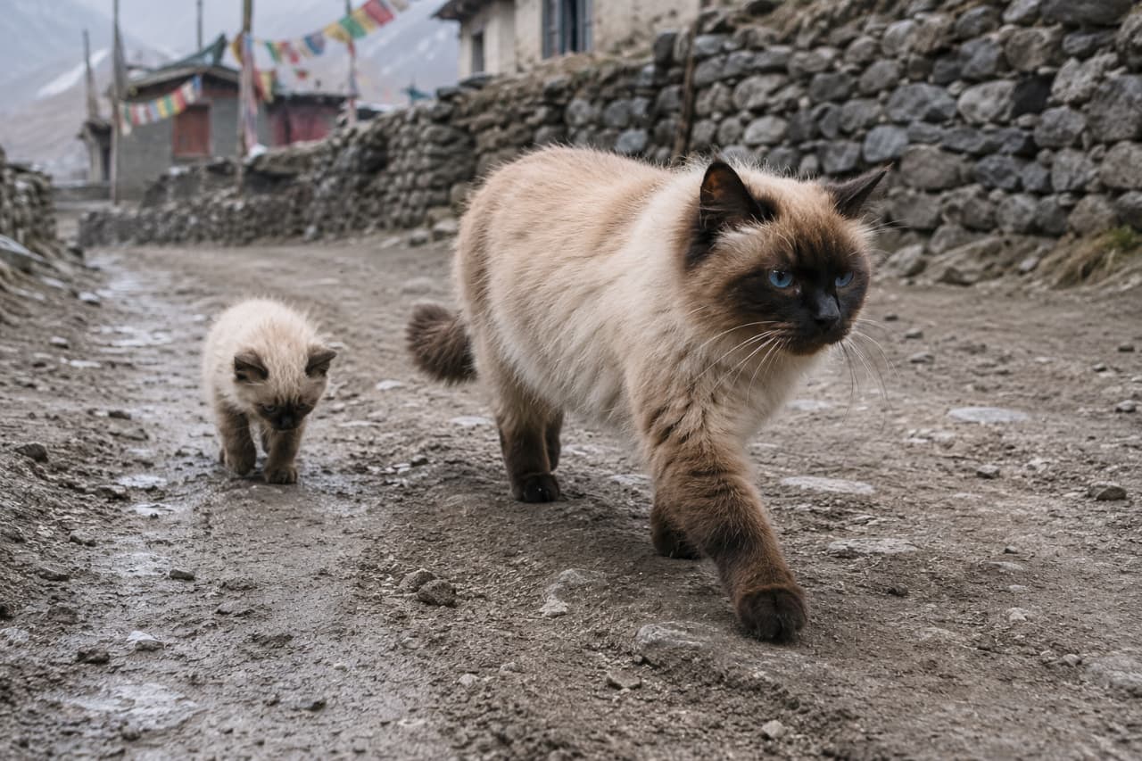 「ママ猫の決意の足取り…！厳しい自然の中での、愛ある自立への第一歩です🥺🐈 #ヒマラヤン #自立 #自立の第一歩」Ultra-realistic high-quality photograph, capturing a tracking shot in a bleak, high-altitude environment. A Himalayan mother cat, with its distinctive point coloration and striking blue eyes, strides decisively forward on a rough dirt path, ignoring everything else with a strict gaze locked straight ahead. A submissive Himalayan kitten trails closely behind with a deeply lowered head, its eyes staring blankly at the dirt immediately beneath the mother's back paws, too intimidated to look up. The background features rustic stone walls, traditional buildings, and colorful prayer flags (Lung Ta) under a somber sky, emphasizing the stark reality of the weaning process. Zero camera eye contact. 荒涼とした土の道のダートを、ヒマラヤンの母猫が力強く、決然とした足取りで前だけを見つめて歩いている。母猫の被毛はポイントカラーで、青い瞳が印象的。その後ろを、あどけないヒマラヤンの子猫が、深くうつむき、母猫の後ろ足のすぐ下の土を虚ろな目で見つめながら、怖くて見上げられない様子で追従している。背景には石を積んだ壁と、ネパールの山村を思わせる建物、そしてタルチョー（五色旗）が薄暗い空の下で風に揺れており、親子が直面する厳しい現実を際立たせている。カメラへの視線はない