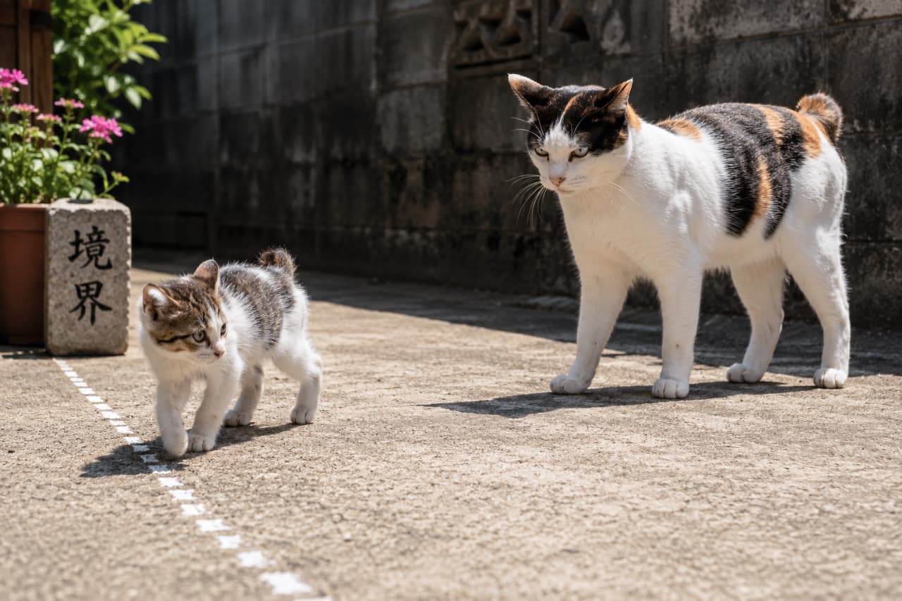 「ママ猫の鋭い視線…！境界線をめぐる、愛ある厳格な自立レッスンです。子猫の「サイドアイ」がすべてを物語っています…🐈 #猫のいる暮らし #ジャパニーズボブテイル #自立」Ultra-realistic high-quality photograph with a wide framing, capturing the tense territorial dynamics between a Japanese Bobtail mother cat and her kitten in harsh sunlight. The calico mother (right) projects an intimidating territorial glare directly at the kitten. The brown tabby and white kitten (left) paces anxiously along a visible white chalk boundary line on the concrete ground, constantly casting fearful sideways glances (side-eye) at the mother without stopping its movement. The background features a stone marker engraved with the Japanese characters for 'Boundary' (境界), a pot with pink flowers, and an old concrete block wall, enhancing the serious atmosphere. Hard light casts deep shadows, intensifying the scene's drama. No camera contact. 強い日差しの中、コンクリートの地面に引かれた白線の境界で、ジャパニーズ・ボブテイルの三毛猫の母猫（右）が、厳しい表情で子猫（左）を鋭くにらんでいる。キジ白の子猫は不安げに、母猫を横目で気にしながら境界線に沿って這いつくばるように歩き、逃げ場を探している。背景には「境界」と刻まれた石碑と、ピンクの花が咲く鉢植え、そして古いコンクリートブロック壁がある。容赦ない日光が強い影を作り、テリトリー争いの緊張感を高めている。両猫とも短いボブテイル（尻尾）が特徴的