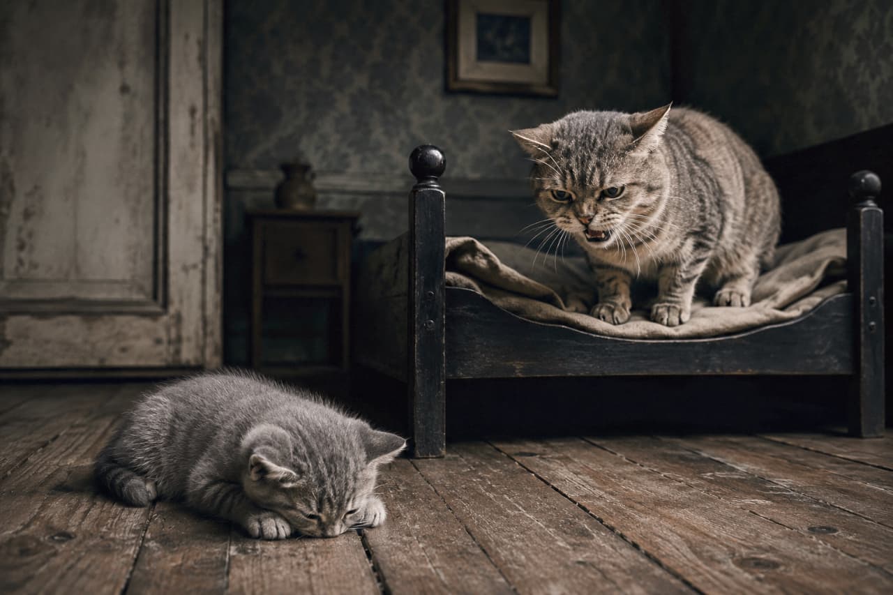 「お気に入りの場所はまだ譲れない…！マンチカン母猫の厳しい威嚇に、全力で平伏して耐える子猫です🥺🐈」Ultra-realistic high-quality photograph with a dark, moody establishing shot. A Munchkin mother cat with brown tabby patterns is aggressively guarding a small wooden antique bed, her hostile gaze and flattened ears focused entirely on the excluded kitten. The gray tabby Munchkin kitten is flattened in total absolute submission on the old wooden floorboards, its head resting heavily on its paws while staring miserably down at the floor, actively avoiding the mother's fierce gaze. The rustic interior with faded wallpaper and vintage furniture intensifies the bleak and serious atmosphere of the weaning process, with zero camera eye contact. 薄暗くクラシックな雰囲気の室内。キジトラ模様のマンチカンの母猫が、小さな木製のアンティークベッドの上から、耳を伏せて口を少し開けた激しい威嚇の表情で、床の上の子猫を鋭く睨みつけている。一方、グレーの縞模様を持つマンチカンの子猫は、古い木製のフローリングの上に完全に体を低く伏せ、前足の間に頭をうずめるようにしてうつむいている。母猫の視線を必死に避け、絶対的な服従と悲哀の姿勢で床を見つめる子猫の姿と、かすれた壁紙の背景が、重苦しくシリアスな親離れのドラマを際立たせている。カメラへの視線はない
