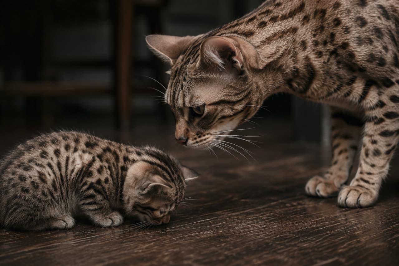 「ママ猫の鋭い視線…！自立への第一歩を促す、愛ある厳格なレッスンです🐈」Ultra-realistic high-quality photograph from a cinematic close-up perspective. An Ocicat mother cat leaning in from the right, delivering a piercing, dominant stare straight at the kitten. The kitten, with distinct wild spot patterns, shrinks into a low posture of total defeat, squeezing its eyes half-shut and staring completely down at the dark wood floorboards to endure the heavy psychological pressure. The dark background with blurred furniture creates a serious atmosphere, with spot lighting emphasizing the tension. 暗い室内の木のフローリングの上で、オシキャットの母猫が右側から身を乗り出し、左側のうつむく子猫へ向けて鋭く支配的な視線を送っている。子猫は完全に這いつくばるような低姿勢で目を伏せ、母猫の心理的圧力に耐えるように床を見つめている。両猫ともOcicat特有のワイルドなスポット模様が鮮明で、母猫の顔と子猫の背中にだけスポットライトのような光が当たり、シネマティックな明暗差を作り出している