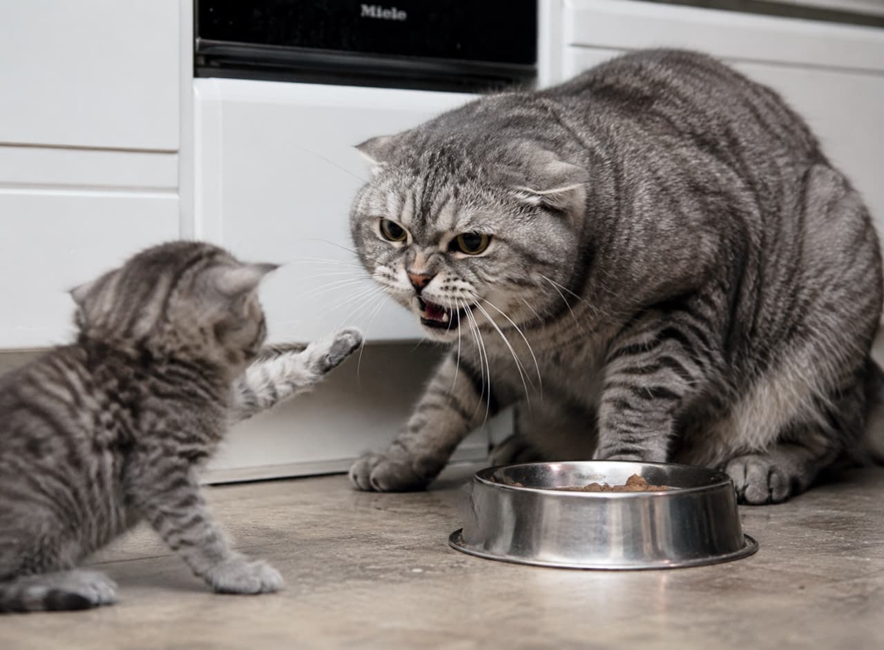 「「生きる」ことの厳しさを、母の咆哮が教える。怯える子猫に、自立の時は来るか🐈 #猫の生態 #スコティッシュフォールド #親子の絆 #自立 #シリアス」Ultra-realistic high-quality photograph from the first provided image showing a Scottish Fold tabby mother cat with classic tabby markings and distinct folded ears intensely guarding a metallic food bowl. Her ears are completely flattened, and she is glaring fiercely down at a cowering kitten with her mouth open in a hiss. The terrified kitten extends a trembling front paw. The setting is a kitchen floor with white cabinets and a built-in oven visible in the background, illuminated by natural light. The mood is high-tension and serious.　遮るもののないキッチンの床の上で、グレーのタビー柄で折れ耳の母猫（スコティッシュフォールドと思われる）が、金属製の餌皿を前に、耳を完全に伏せて苛立ちをあらわに口を大きく開けて威嚇し、黄色い目を厳しく下の子猫に向けている。その足元で完全にすくみ上がった小さな子猫は、怯えながら片前肢を上げている。背景には白いキッチンキャビネットと家電が見える。自然光