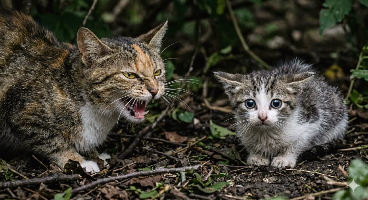 「愛のムチにゃ！🐱💢厳しい母猫と、ちょっぴりビビる子猫のリアルな表情がたまらない🥺✨ #猫のいる暮らし #親離れ」Ultra-realistic high-quality photograph of a harsh natural scene where a tortoiseshell mother cat is fiercely hissing to encourage her kitten's independence, while a tabby-and-white kitten cowers with round, wide eyes in the dark grass. 薄暗い自然の草むらの中、サビ柄の母猫が鋭い牙を剥き出しにして激しく威嚇し、子猫の自立を促す緊張感あふれるシーン。隣にいるキジ白の子猫は耳を伏せ、まん丸の目で少し怯えたような表情を浮かべています。リアルな被毛の質感と野生の厳しさが伝わる高画質写真