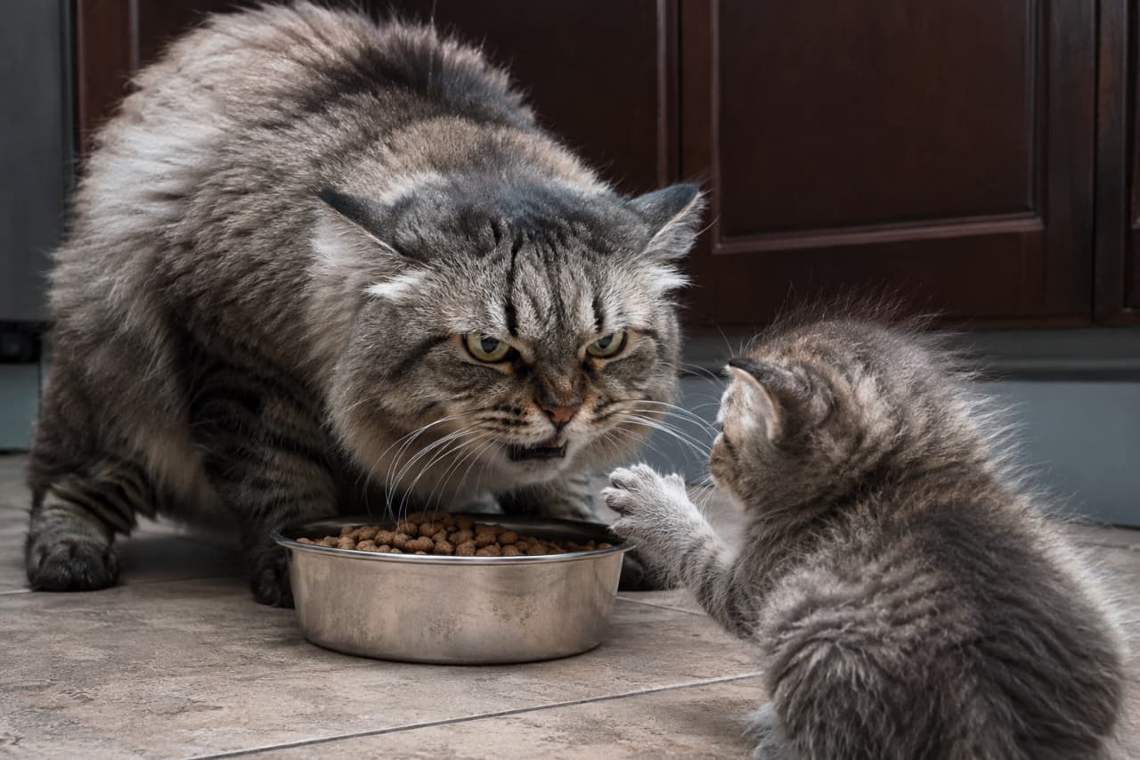 「「甘えはここまで」。突き放す母猫の冷徹な咆哮と、絨毯の上で丸くなる子猫。自然界の厳しさがそこに。🐈 #猫の生態 #サイベリアン #自立 #野生のリアル #シリアス」Ultra-realistic high-quality photograph from the second provided image showing a long-haired, tabby-patterned mother cat (likely a Siberian or similar longhair breed) intensely guarding a metallic food bowl. Her ears are completely flattened, and she is glaring fiercely directly at a cowering kitten with her mouth open in a hiss. The terrified kitten extends a trembling front paw, its gaze locked solely onto the mother's face. The scene is set in a kitchen with dark wood grain cabinets, illuminated by focused natural light. The mood is high-tension and serious. Ultra-realistic high-quality photograph from the second provided image showing a long-haired, tabby-patterned mother cat (likely a Siberian or similar longhair breed) intensely guarding a metallic food bowl. Her ears are completely flattened, and she is glaring fiercely directly at a cowering kitten with her mouth open in a hiss. The terrified kitten extends a trembling front paw, its gaze locked solely onto the mother's face. The scene is set in a kitchen with dark wood grain cabinets, illuminated by focused natural light. The mood is high-tension and serious. 遮るもののない至近距離から捉えた長毛でタビー柄の母猫（サイベリアンのような長毛種）が、ダークな木目調キャビネットが見えるキッチンの床で、金属製の餌皿を前に、耳を完全に伏せて苛立ちをあらわに口を大きく開けて咆哮し、緑がかった黄色い目を厳しく下の子猫に向けている。その足元で完全にすくみ上がった小さな子猫は、怯えながら片前肢を上げ、母猫の顔をじっと見つめている。自然光