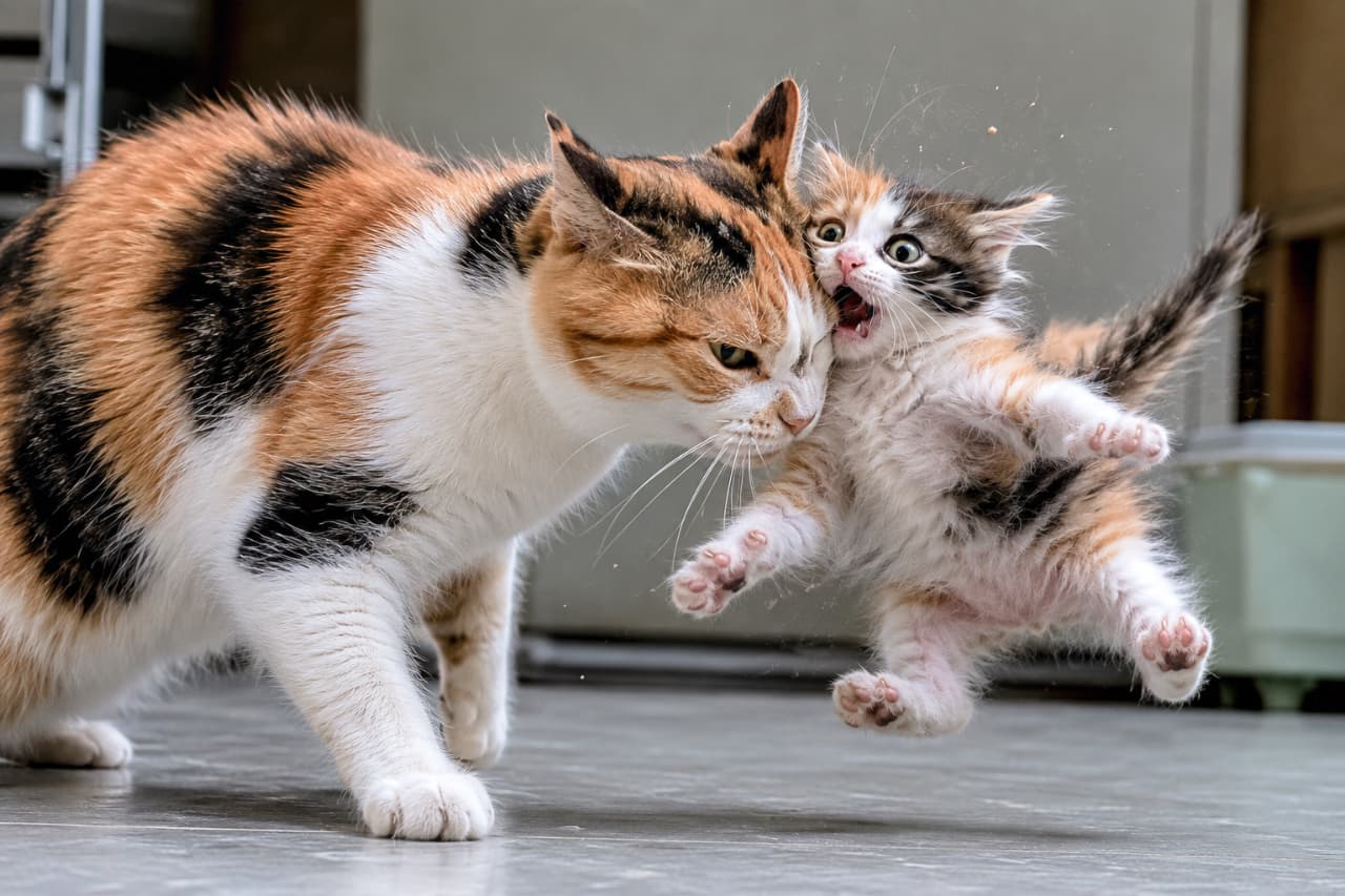 「親子関係の冷酷な一面。甘えを断ち切るために放たれた母猫のヘッドバンプが、子猫を空中へ吹き飛ばす🥺💔 #猫のしつけ #野生の厳しさ」A stark, realistic action freeze-frame photo on a cold indoor floor. A calico mother cat delivers a harsh head bump to the cheek of a smaller calico kitten. The mother's stern eyes are focused on the impact point. The kitten is airborne, violently thrown up, limbs splayed. Its eyes are wide in absolute shock, mouth slightly open, staring blankly back at the mother's face. This is a realistic capture of a maternal instinct to reject dependency, with zero anthropomorphism. 冷たい屋内の床の上で繰り広げられる、厳しい現実感のあるアクションのフリーズフレーム。三毛猫の母猫が、より小さな三毛の子猫の頬に強烈なヘッドバンプ（頭突き）をしている。母猫の視線は衝撃点に集中している。子猫は衝撃で宙に吹き飛ばされ、四肢を広げて空中にある。子猫の目は驚愕で大きく見開かれ、口も開いて、母猫の顔をただ見つめている。これは母猫が子猫の甘えを断ち切るための本能的な行動を捉えた、厳しい現実を描いた写真。擬人化はない