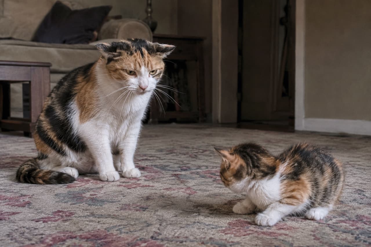「ママ、ガチギレモード発動中…！🙀イカ耳全開で叱られて、すっかり反省ポーズの三毛猫子猫ちゃん💦 #三毛猫 #猫のしつけ」Ultra-realistic high-quality photograph set in a dimly lit living room with an antique rug, showing a strict calico mother cat sitting with flattened "airplane ears" to scold her tiny, cowering calico kitten who crouches low in submission. アンティーク調の絨毯が敷かれた薄暗いリビングルームで、美しい被毛の三毛猫（キャリコ）の母猫が耳を伏せた「イカ耳」の険しい表情で座り、子猫を厳格に叱りつけている緊張感のあるシーン。同じく三毛模様の子猫は体を低くして縮こまり、反省しているような怯えた様子を見せる高画質写真
