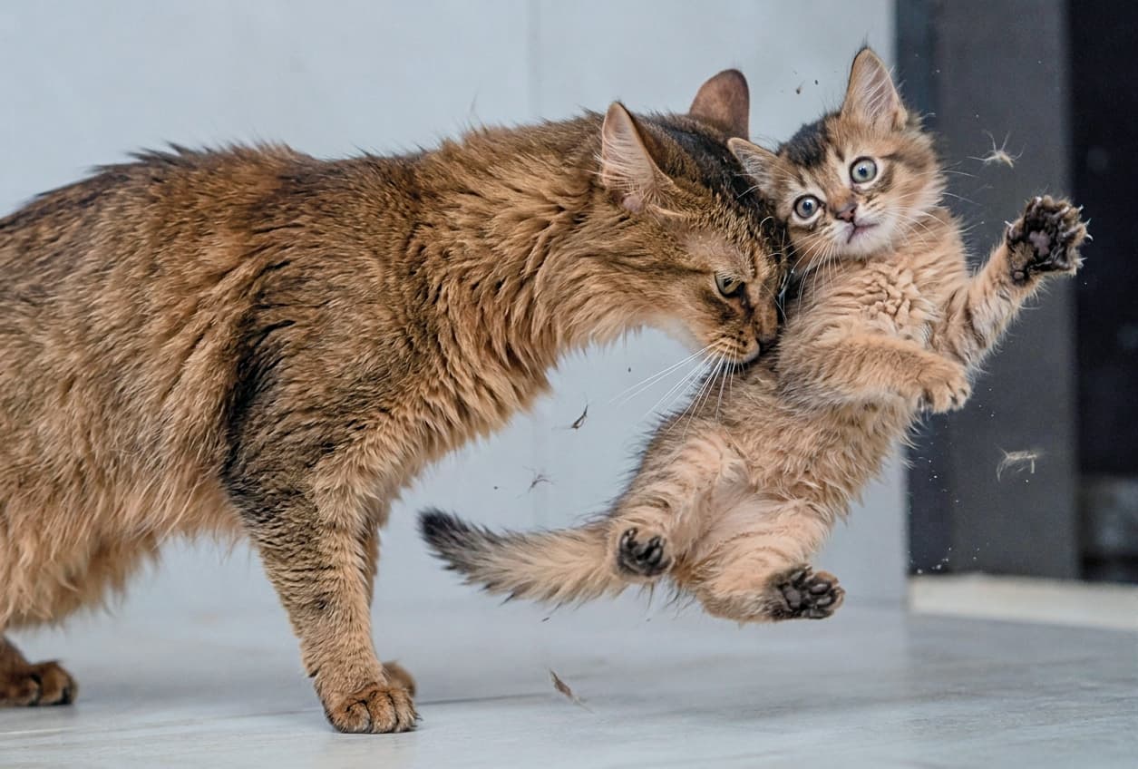 「毛並みはフワフワ、態度はガチ！ソマリ親子の激しすぎる教育現場に、子猫ちゃんもフリーズ状態です😳🐾 #猫好きさんと繋がりたい #ソマリ #モフモフは正義 #猫のいる暮らし #猫のしつけ」An ultra-realistic high-quality photograph showcasing a dynamic scene of long-haired Somali cats in a cold indoor environment. The Somali mother cat, featuring a rich, fluffy ruddy coat with a developed ruff, delivers a fierce head bump. The long-haired kitten is violently thrown mid-air, its eyes wide in genuine shock and staring blankly back. Fine cat fur and dust particles fly in the air, crisply frozen to emphasize the intense realism of the moment. 冷たいグレーの壁と床の屋内にて、長毛種であるソマリの母猫が子猫に激しい頭突きを見せる瞬間を捉えた超リアルな写真。母猫の首周りにはふさふさとした見事なラフ（襟巻き毛）があり、力強いポーズで子猫を圧倒している。空中に投げ出された長毛の子猫は、目を限界まで見開いて呆然と母猫を見つめており、周囲には衝撃で舞い散った猫の毛がフリーズフレームで鮮明に描写されている