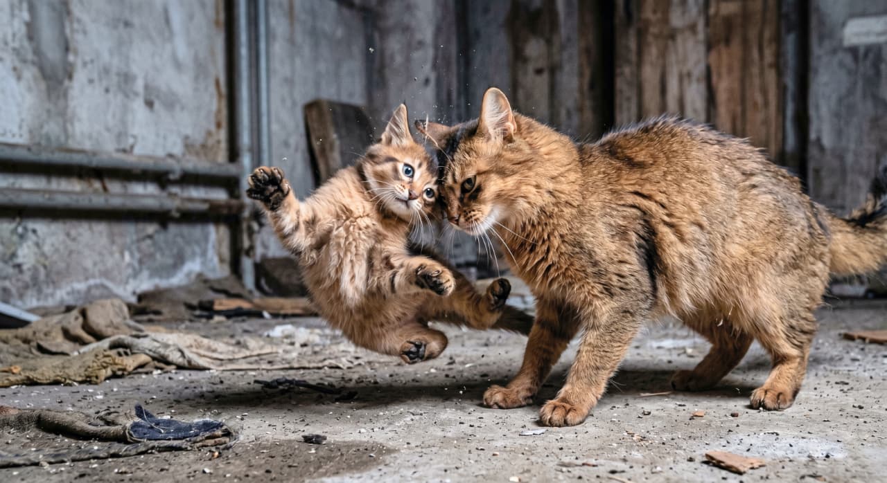 「野生の掟は厳しい…！😿💥 母猫の強烈な愛の鞭（頭突き）で空中に弾き飛ばされる子猫。自立を促す過酷なリアリズムから目が離せない🎬 #ソマリ #野生の掟 #決定的瞬間」Ultra-realistic high-quality photograph, action freeze-frame with grim realism. A mature Somali mother cat delivers a harsh head bump to her kitten, her stern eyes fixed dead on the point of impact. The kitten is violently thrown off balance mid-air, eyes wide in absolute genuine shock. Captured in a cold, indoor abandoned setting with zero anthropomorphism. 薄暗く冷ややかな廃墟の室内で、ルディカラーのソマリ母猫が子猫に対して強烈な頭突きを見舞う、自立を促すための厳格な「しつけ」の瞬間。母猫は擬人化を排した冷徹な眼差しで的確に衝撃を与え、宙に跳ね飛ばされた子猫は驚愕に見開いた目で母猫を見つめ返しています。残酷なほどのリアリズムと、舞い散る埃が緊迫感を極限まで高めています
