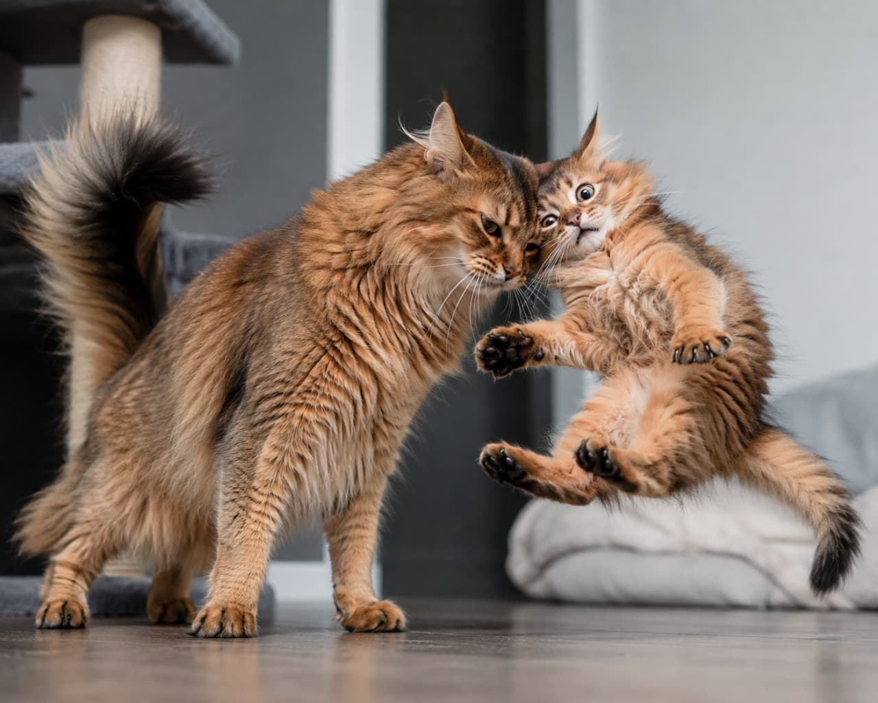 「厳格な教育の場。母猫の容赦ないヘッドバンプが、子猫を宙へ吹き飛ばす。自立を促す厳しい試練 #ソマリ #決定的瞬間」Ultra-realistic high-quality photograph of a Somali mother cat delivering a harsh head bump to her kitten indoors. The fluffy kitten is thrown off balance mid-air, eyes wide in shock. Captured with grim realism, featuring detailed semi-long ticked fur against a cool background. 冷淡な室内で、ふさふさした尾を持つソマリの母猫が険しい表情で子猫にヘッドバンプを浴びせる瞬間。衝撃で完全に宙に浮いた子猫は、驚愕で目を見開きバランスを崩しています。背景のキャットタワーや冷たい光がリアルな生態を際立たせる高画質な描写