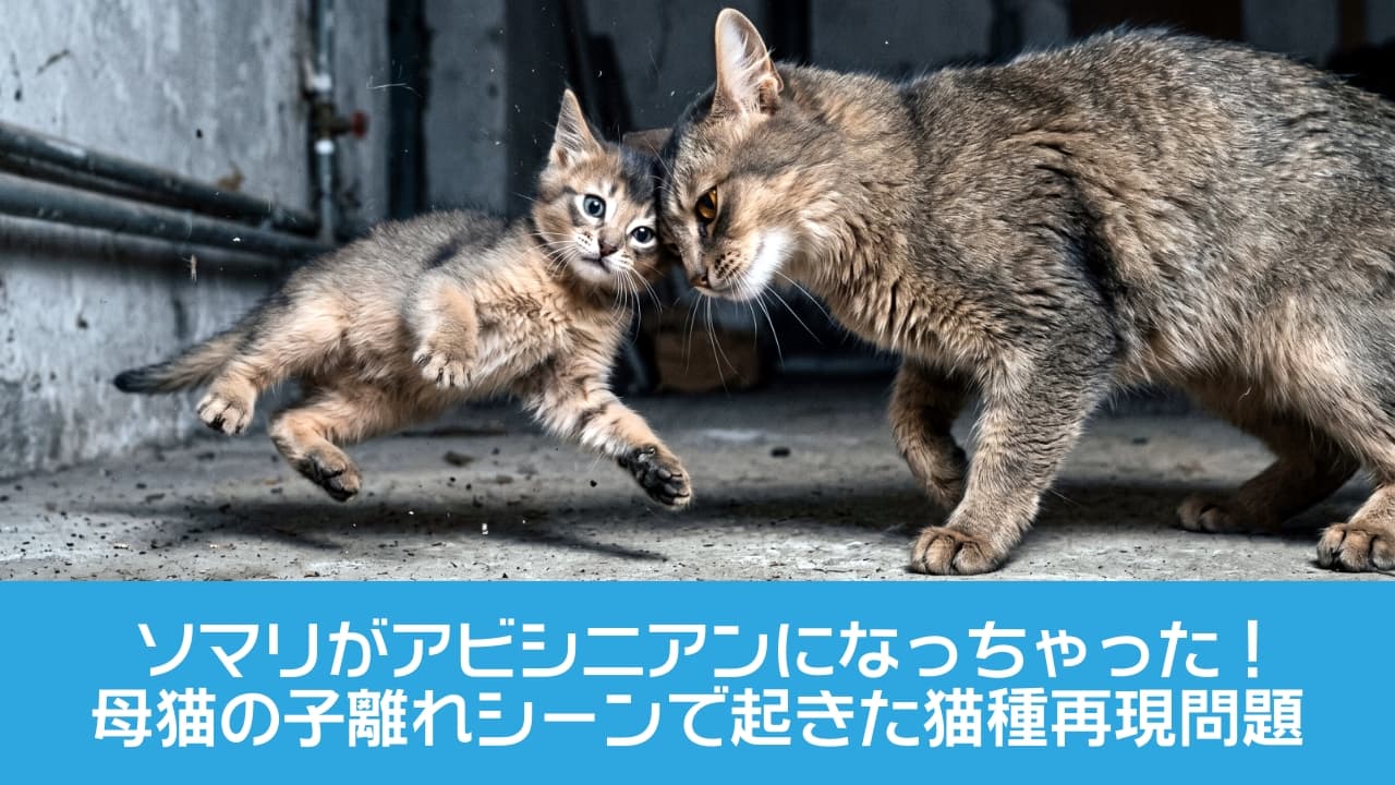 「痛っ⁉️💥コンクリートを震わせる親猫の強烈な一撃！宙に浮いた子猫のガチな衝撃顔にシンパシーを感じちゃいます🙀💦 #ソマリ #決定的瞬間 #猫のアクション」Ultra-realistic high-quality photograph featuring a dramatic action freeze-frame of a Somali mother cat with a ticked tabby coat delivering a harsh head bump to her kitten in a cold, dim concrete indoor setting. The kitten is violently thrown off balance, completely suspended mid-air with wide, shocked eyes staring blankly back at the mother. The gritty textures of the concrete floor and walls, along with stark lighting, emphasize the grim realism of the scene. 薄暗く冷徹な雰囲気のコンクリートの室内で、アグーティカラー（ティックドタビー）の美しい被毛を持つソマリの親猫が、子猫に強烈な頭突き（ヘッドバンプ）を食らわせている決定的瞬間を捉えた超リアルな写真。親猫は鋭いアンバーの眼差しを衝突点に固定し、衝撃で完全に宙に浮いた子猫はショックで丸い目を見開いて親猫を見つめ返している。床の砂埃や壁の配管、サイドからの硬く冷たい光がシリアスな情景を際立たせている