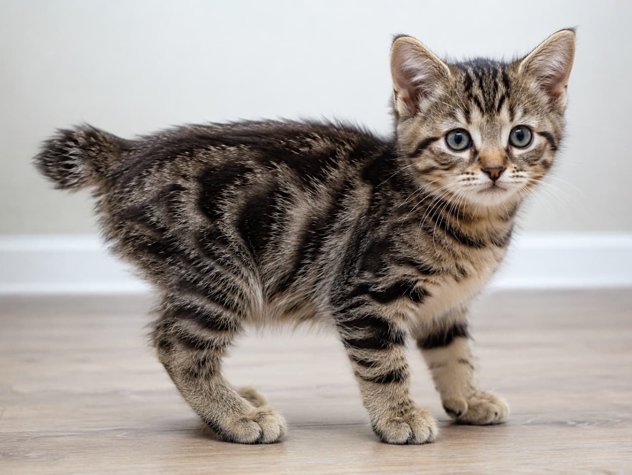 「「ん?呼んだ?」と振り返る姿にキュン💘アメリカンボブテイルの愛らしさ全開です🐾✨」Ultra-realistic high-quality photograph of a cute American Bobtail tabby kitten standing on a bright wooden floor, looking back over its shoulder at the viewer. Its distinct short tail, large round eyes, and the intricate patterns of its fluffy coat are beautifully captured under soft, even lighting. 明るいフローリングの上に立つ、キジトラ模様のアメリカンボブテイルの子猫。体を横に向けたまま顔だけをこちらに振り返らせており、短く丸い尻尾と愛らしい丸顔、ぱっちりとした瞳が印象的。柔らかく均一な光が、被毛の複雑な縞模様とふわふわ感を美しく捉え、清潔感のある空間を演出している