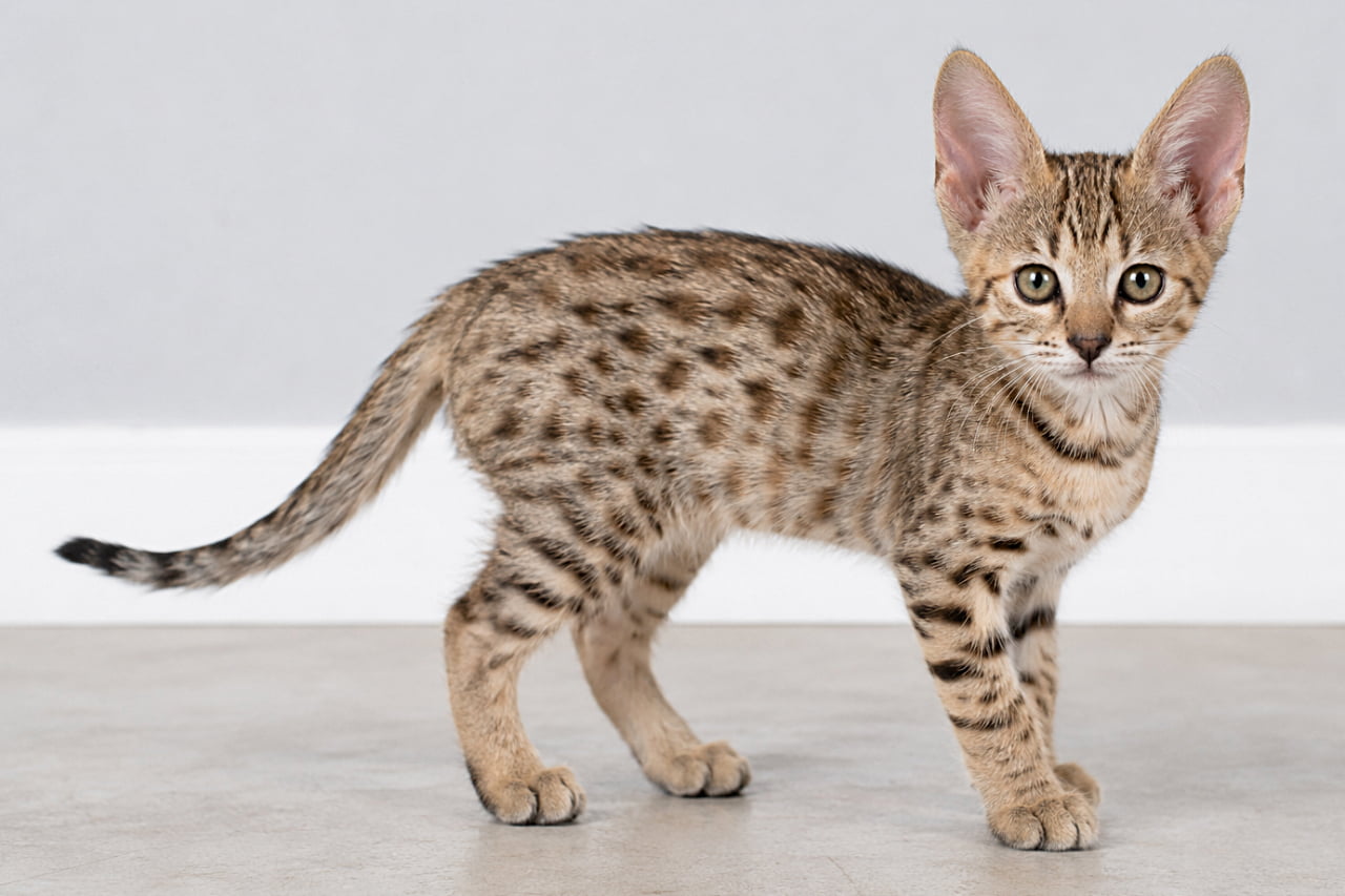 「お耳が大きくてピーンッ!📡✨ 好奇心いっぱいの瞳で見つめるセレンゲティの子猫ちゃんにメロメロです💘」Ultra-realistic high-quality photograph of a cute Serengeti kitten standing in front of a simple gray and white background. Its disproportionately large ears for its body and the clear spotted tabby pattern covering it are striking. It tilts its head slightly, looking directly at the camera with impressive large eyes. シンプルなグレーと白の背景の前に立つ、セレンゲティの子猫。体に対して不釣り合いなほど大きな耳と、全身を覆う鮮明なスポッテッドタビー(斑点模様)が目を引きます。少し緊張したように首を傾げ、カメラを真っ直ぐに見つめる大きな瞳が印象的な、高品質で精緻な写真