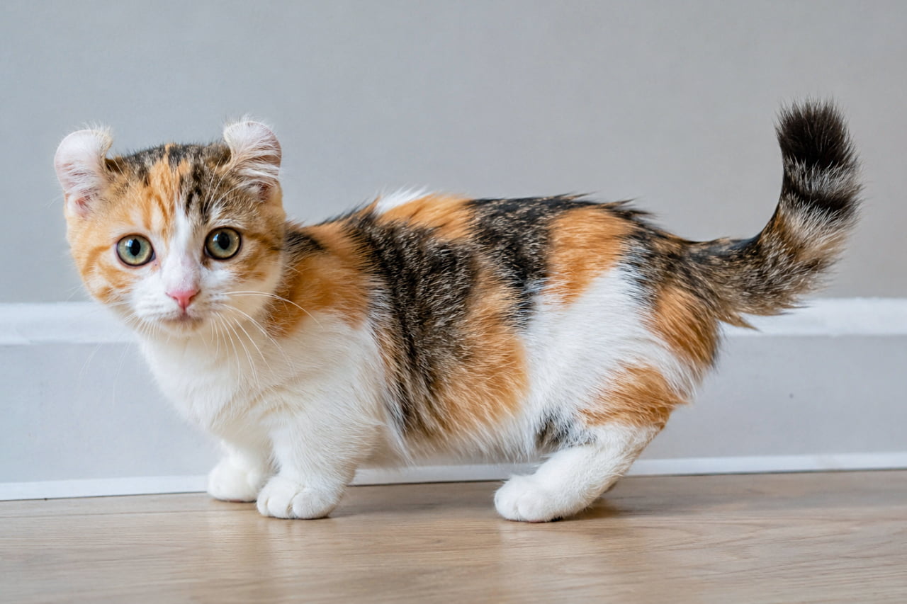 「「ん?呼んだ?」と振り返る姿にキュン💘 しっぽをピンと立てたご機嫌なキンカローの子猫ちゃんです🍼✨」Ultra-realistic high-quality photograph of a playful calico Kinkalow kitten looking back while standing on an indoor floor with its tail held high. The exquisite balance of its innocent large eyes, distinctively curled ears, and short legs is highlighted, beautifully capturing the fluffy texture of its kitten coat. 室内の床に立ち、ピンと立てた尻尾を揺らしながら振り返る三毛模様のキンカローの子猫。あどけない大きな瞳、特徴的なカールした耳、短い足のバランスが絶妙で、子猫特有のホワホワとした被毛の質感が精緻に描写されています。好奇心旺盛な性格が伝わる、高品質でリアルな写真