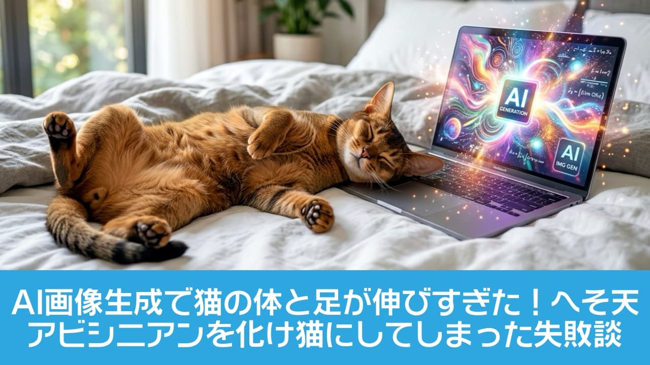 「AIの魔法でぐっすり眠るアビシニアンちゃん！💻✨ 朝の光に包まれて、どんな夢を見てるのかな？ #アビシニアン #AI #癒し #朝の風景」Ultra-realistic high-quality photograph of an adult Abyssinian cat sleeping belly up on a clean, modern bed, exposing its beautiful ruddy coat on grey bedding. Next to the cat is a glowing magical laptop with vibrant, colorful light trails and the text "AI GENERATION" on its screen, symbolizing AI image generation. Morning sunlight streams in from a window, illuminating the bright and clean room. モダンなベッドのグレーの布団の上で、しなやかな体つきのアビシニアン成猫が仰向けになり、無防備にお腹を見せて気持ちよさそうに眠っている。ルディ（ティッキングのある赤褐色）の美しい被毛が朝の光に照らされている。猫の隣には、カラフルな光と「AI GENERATION」のロゴが輝く魔法のようなノートパソコンが置かれ、テクノロジーと日常の融合を表している。朝の太陽光が大きな窓から差し込み、部屋を明るく温かく照らしている