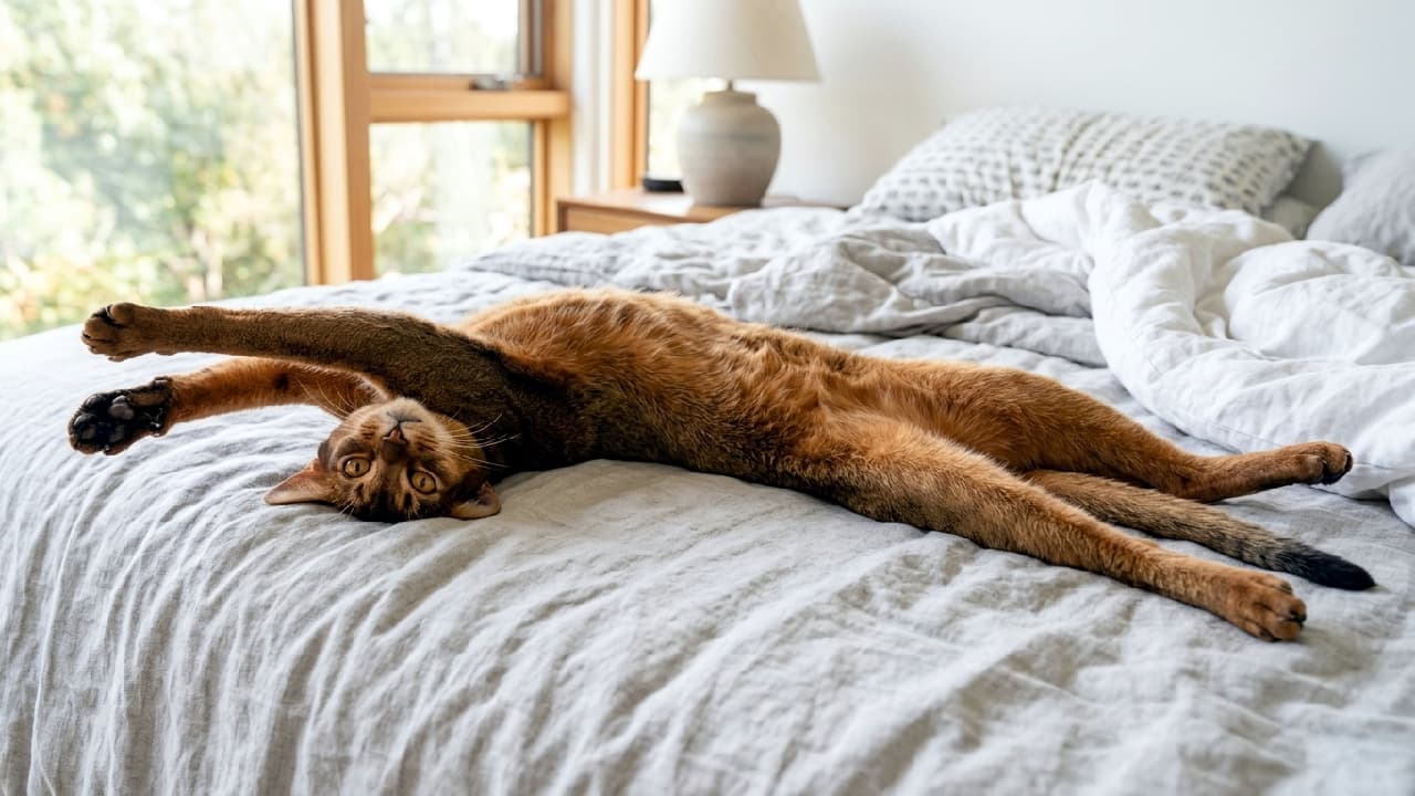 「胴体が長すぎる~!😂 アビシニアンちゃんの超絶バンザイストレッチ!どこまで伸びちゃうの?🐾 #アビシニアン #猫 #ストレッチ #ありえない #猫のいる暮らし #朝の風景」Ultra-realistic high-quality photograph of an adult Abyssinian cat on its back, lying on grey bedding on a modern bed. The cat is fully awake, doing a massive full-body stretch with its front paws thrown wide in a "hands up" motion. Its body and legs are unnaturally and disproportionately extended, resulting in an acrobatic pose. Natural light from the window illuminates its smooth coat. モダンなベッドのグレーの布団の上で、アビシニアン成猫が仰向けになり、両前脚をバンザイするように大きく広げて全身を伸ばしている。ぱっちりとした目を開けており、プロンプトの過剰解釈によって胴体と脚が異様に長く引き伸ばされ、まるで体操選手のようなアクロバティックなポーズになっている。背後の窓からの自然光が、滑らかな被毛の質感を際立たせている