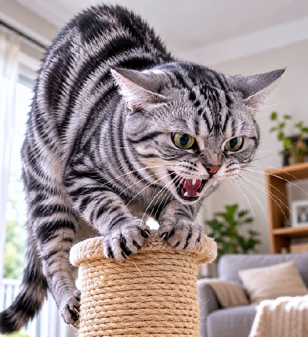「「絶対ここは譲らないニャ！」😾💥 本気モードのシャー！ #猫のいる暮らし #アメリカンショートヘア #猫の日常 #おこ顔」Ultra-realistic high-quality photograph of an angry American Shorthair silver tabby cat hissing aggressively while gripping a sisal scratching post with its claws, featuring vivid yellow-green eyes and bristled fur in a bright living room. 明るい自然光が差し込むリビングを背景に、キャットタワーの麻縄部分に鋭い爪を立てて激しく威嚇（シャー）する、アメリカンショートヘア（シルバータビー）の猫。大きく見開いた黄緑色の瞳、剥き出しの牙、逆立った被毛の質感が極めて精細に描写された臨場感あふれる写真