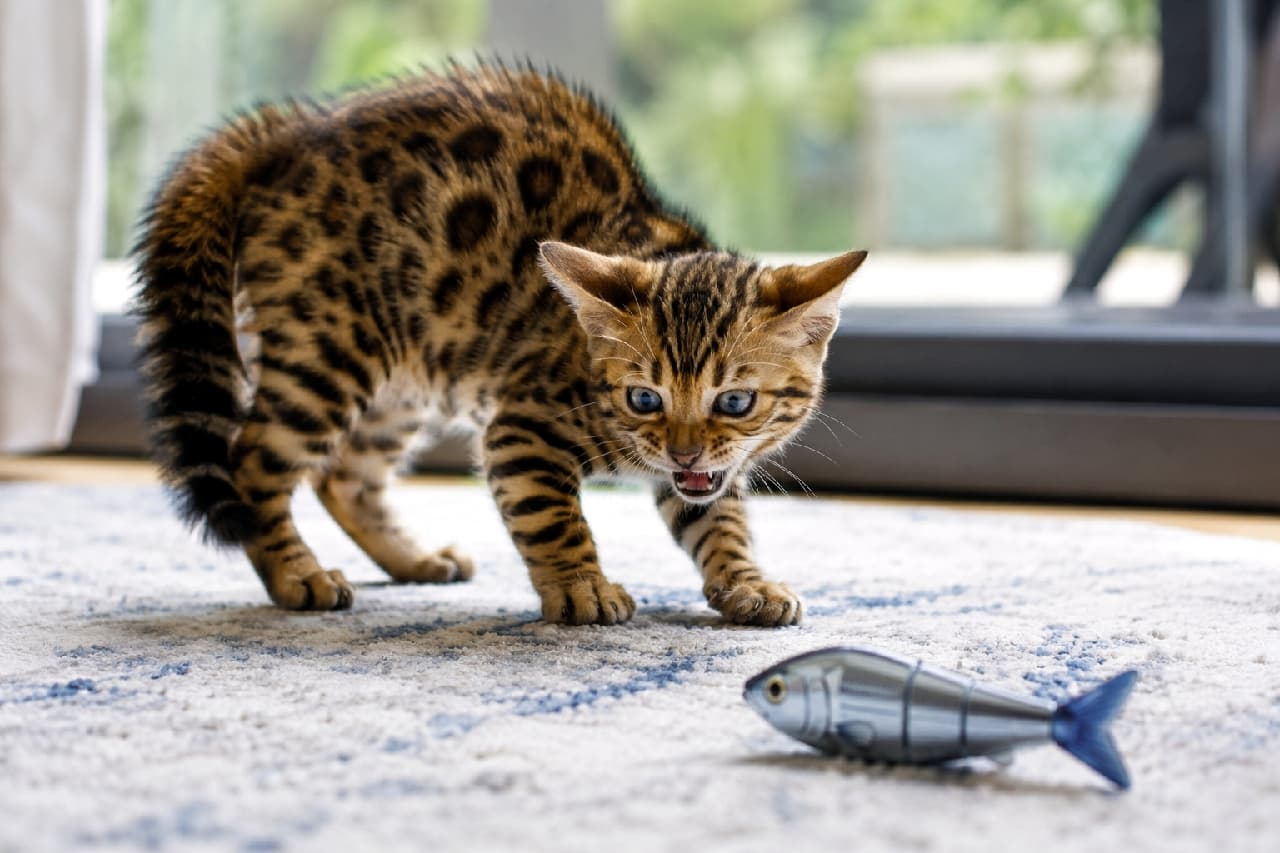 「お前は何者ニャ！？😾お魚のおもちゃに野生全開で立ちむかうベンガルちゃん🐟 #ベンガル猫 #猫のおもちゃ #野生児 #日常のひとコマ」Ultra-realistic high-quality photograph of a wild-looking Bengal kitten arching its back and hissing at a realistic fish toy on a patterned carpet, displaying its distinct spotted coat and fierce survival instincts. 明るい部屋のラグの上で、目の前に置かれたリアルな魚のおもちゃに対して、背中を弓なりに丸めて毛を逆立て、小さな口を開けて「シャー」と威嚇するベンガル子猫。鮮やかなロゼット模様（ヒョウ柄）と、未知の物体に対する強い警戒心が細部まで精細に描写されています