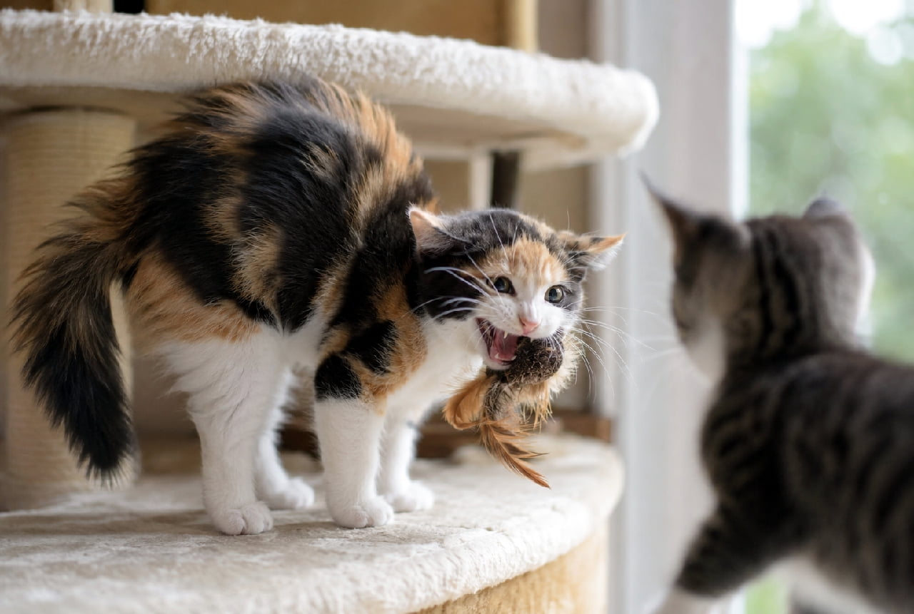 「このおもちゃは私のものニャ！😾おもちゃをくわえて全力威嚇中の三毛子猫ちゃん💥 #子猫 #三毛猫 #日常のひとコマ」Ultra-realistic high-quality photograph of a fiercely defensive calico kitten arching its back and hissing while holding a feather toy in its mouth, facing off against a tabby kitten on a beige cat tree. キャットタワーの上で、お気に入りの羽付きおもちゃを口にくわえながら、手前にいるキジトラの子猫に向けて背中を高く丸めて「シャー」と威嚇する三毛（キャリコ）の子猫。逆立った被毛と剥き出しの小さな牙、緊迫した対決の情景が明るい室内光の中で鮮明に捉えられています