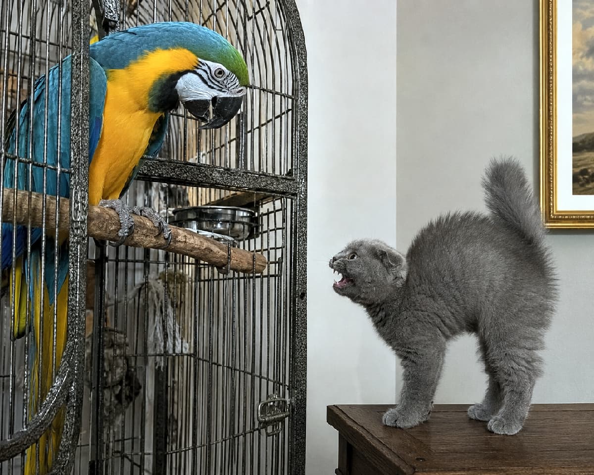 「負けないニャ！😾大きなお鳥様に全力の「シャー」で挑む勇敢なグレー子猫ちゃん✨ #異種格闘技 #勇敢な猫 #猫と鳥 #日常のひとコマ」Ultra-realistic high-quality photograph of a small solid gray Scottish Fold kitten fluffing its fur and hissing bravely at a large blue-and-yellow macaw parrot perched inside a metal cage. 木製チェストの上で、大きな金属製の鳥かごの中にいる鮮やかな青と黄色のルリコンゴウインコ風のオウムに対し、背中を高く丸めて尻尾を立て、顔を突き出して威嚇の「シャー」を放つグレーのスコティッシュフォールド子猫。異種独特の緊張感がクラシックな室内の光の中に漂います
