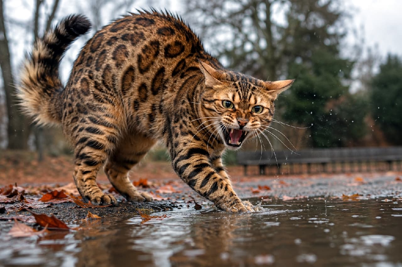 「野生の血が騒ぐ瞬間🐆🔥 水しぶきさえも味方につける、圧巻の迫力に釘付けです！📸💦 #ベンガル猫 #奇跡の一枚」Ultra-realistic high-quality photograph of a hissing Bengal cat with a stunning rosetted coat, splashing water from a puddle with its paw in an autumn park. The dynamic water droplets and bristled fur are perfectly captured against wet asphalt and fallen leaves. 秋の公園の濡れたアスファルトの上で、落ち葉に囲まれながら水たまりの水を前足で弾き飛ばし、激しく威嚇するベンガル猫。美しいロゼット模様（ヒョウ柄）の被毛が逆立ち、宙を舞う水しぶきのひと粒ひと粒までが劇的な光に照らされた、躍動感に満ちた写真