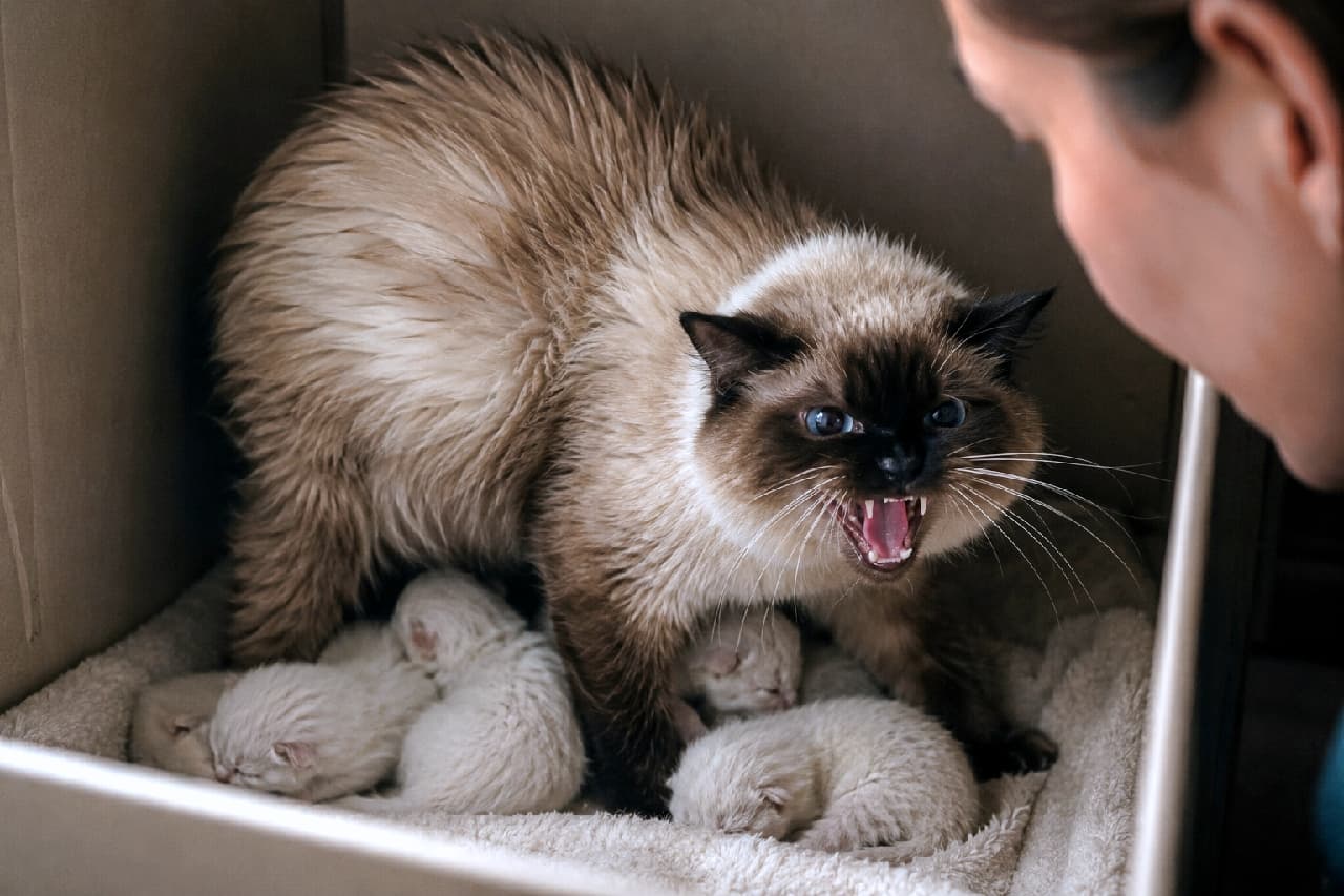 「「私の子どもたちに近づかないで！」🤱💢 母猫の強い愛と絆を感じる、心打たれる一枚です🥺✨ #母猫 #子猫成長記録」Ultra-realistic high-quality photograph of a fiercely protective seal point long-haired mother cat hissing at a human peering into a cardboard box. Her beautiful blue eyes glare in defense of her fluffy white kittens huddled safely beneath her. 段ボール箱の中に敷かれた毛布の上で、覗き込む人間の顔に対して激しく威嚇するシールポイントの長毛母猫（ヒマラヤン風）。足元にはまだ目の開かない純白の子猫たちが複数身を寄せており、母性本能による強い警戒心と、美しいブルーの瞳が印象的な写真