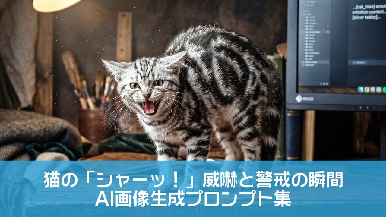 「PC作業中に突然の「シャー！」😾💦 怒ったお顔もたまらなく可愛いシルバータビーちゃんです💻✨ 皆さんの愛猫も、急にご機嫌斜めになることはありませんか？ #猫のいる暮らし #アメショ #威嚇猫」Ultra-realistic high-quality photograph of a hissing American Shorthair silver tabby cat arching its back defensively on a rustic wooden desk. The cat features severely flattened ears, sharp amber eyes, and an open mouth showing fangs. Dramatic backlighting highlights the dust motes in the air, contrasting with the modern PC monitor on the right, creating a tense and cinematic atmosphere. 薄暗い書斎のアンティーク調の木製デスク上で、背中を丸めて激しく威嚇のポーズをとるアメリカンショートヘア（シルバータビー）のリアルな写真。ピンと張ったイカ耳、鋭く見開かれた琥珀色の目、牙を剥き出しにした口元が迫力満点です。右側に配置されたPCモニターの光と、宙を舞う埃を捉えたドラマチックな逆光の照明が、張り詰めた緊張感を高めています