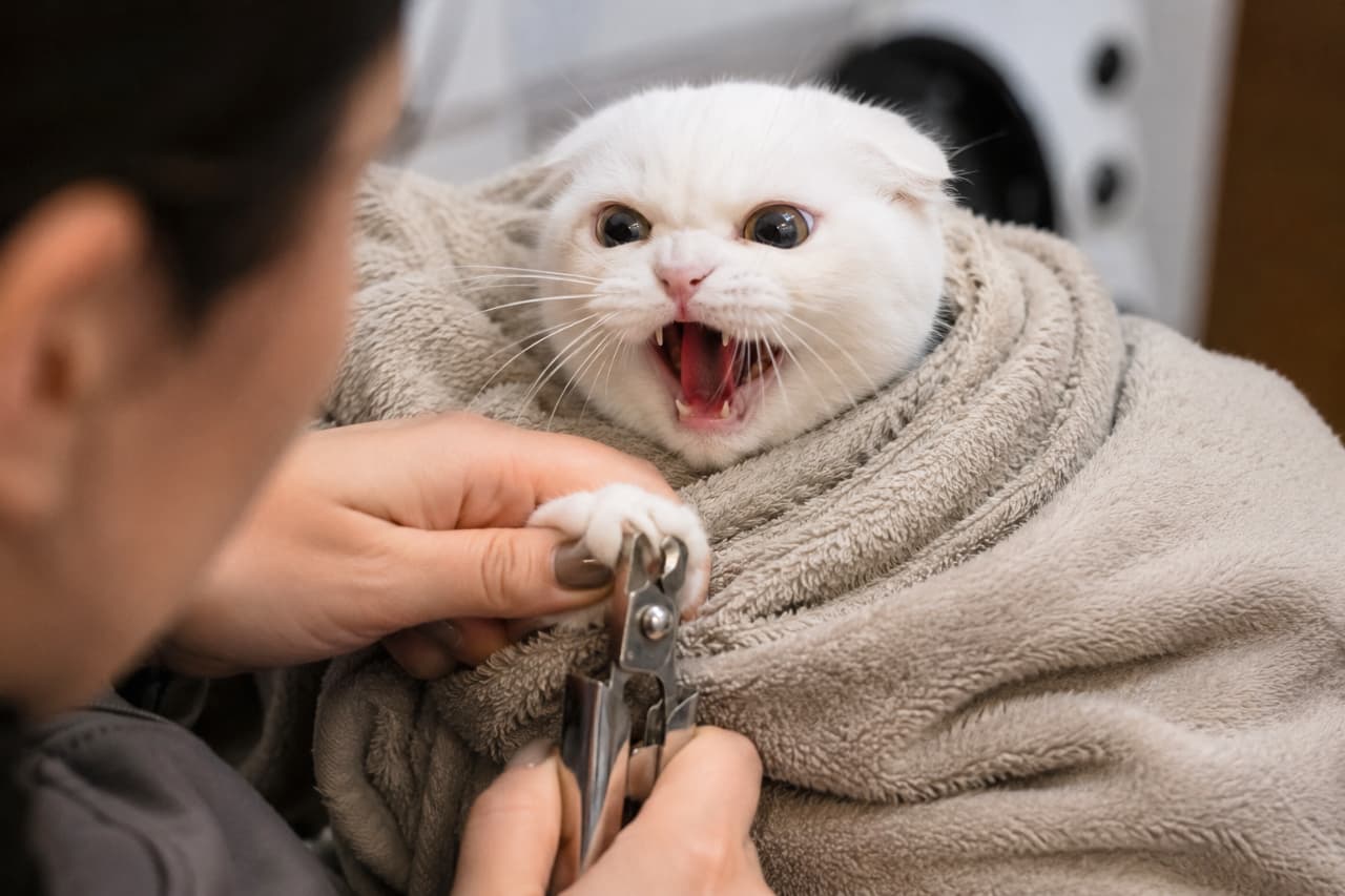「爪切り絶対反対同盟！😾💢 タオルでぐるぐる巻きにされても抵抗をやめない猫ちゃん、頑張れ〜🐾」Ultra-realistic high-quality photograph of a white Scottish Fold cat wrapped tightly in a beige towel, hissing angrily with flattened ears as a human attempts to clip its nails with metal pet clippers. ベージュのタオルでミノムシのように包まれた真っ白なスコティッシュフォールドが、人間の手によって爪切りをされそうになり、特徴的な折れ耳をさらに伏せて全力で威嚇している様子を捉えたクローズアップ写真。金属製の爪切りと猫の緊張した表情が鮮明に描写されている
