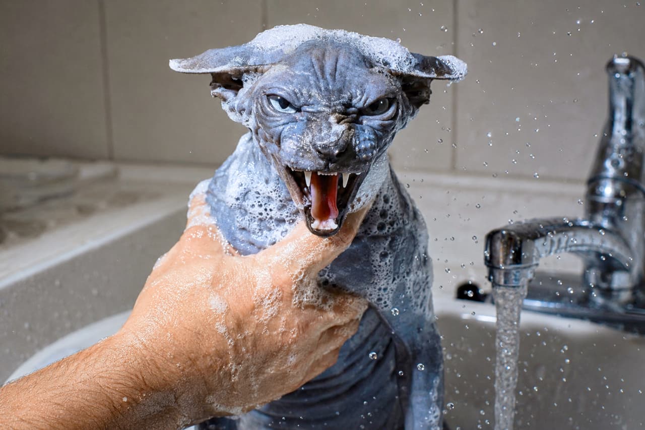 「シャワーなんて大嫌い！😾💦 必死の抵抗を見せる泡だらけの猫ちゃん、飼い主さんとの真剣勝負です📸」Ultra-realistic high-quality photograph of a soapy, blue-grey Sphynx cat hissing furiously directly at the camera with bared teeth while held by a human hand in a sink, with running water and sharp flying droplets visible. 洗面台の蛇口から水が流れる中、人間の手にしっかりとホールドされた泡まみれのスフィンクス（ブルー系の肌色）が、鋭い牙を剥き出しにしてカメラ目線で強烈な「シャー」の表情を見せている瞬間。飛び散る細かい水滴がストロボ光に反射して美しい