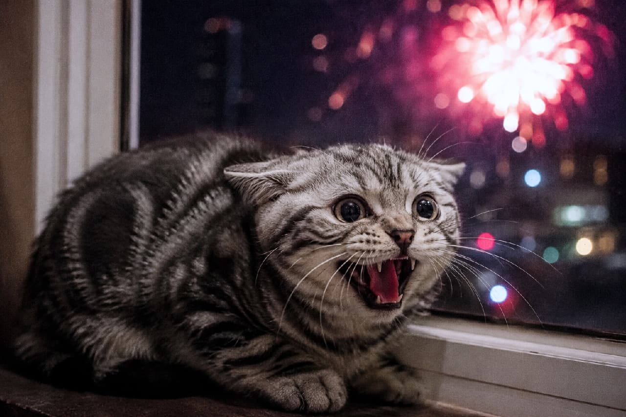 「突然のドーン！にパニックにゃ🙀🎆 怖いけど頑張って威嚇する姿が、健気で抱きしめたくなります😭💕 #アメリカンショートヘア #イカ耳 #おこ顔」Ultra-realistic high-quality photograph of an American Shorthair silver tabby kitten with wide eyes, hissing in fear at brightly glowing red fireworks outside a window. The dramatic night lighting and window reflections beautifully highlight the kitten's panicked expression. 夜の暗い部屋の窓辺で、外に打ち上がった色鮮やかな赤い花火の光と音に驚愕し、目を丸くして威嚇するアメリカンショートヘア（シルバータビー）の子猫。折れ耳とパニックになった表情が愛らしくも痛々しく、窓ガラスに反射する光のニュアンスが美しい劇的な写真