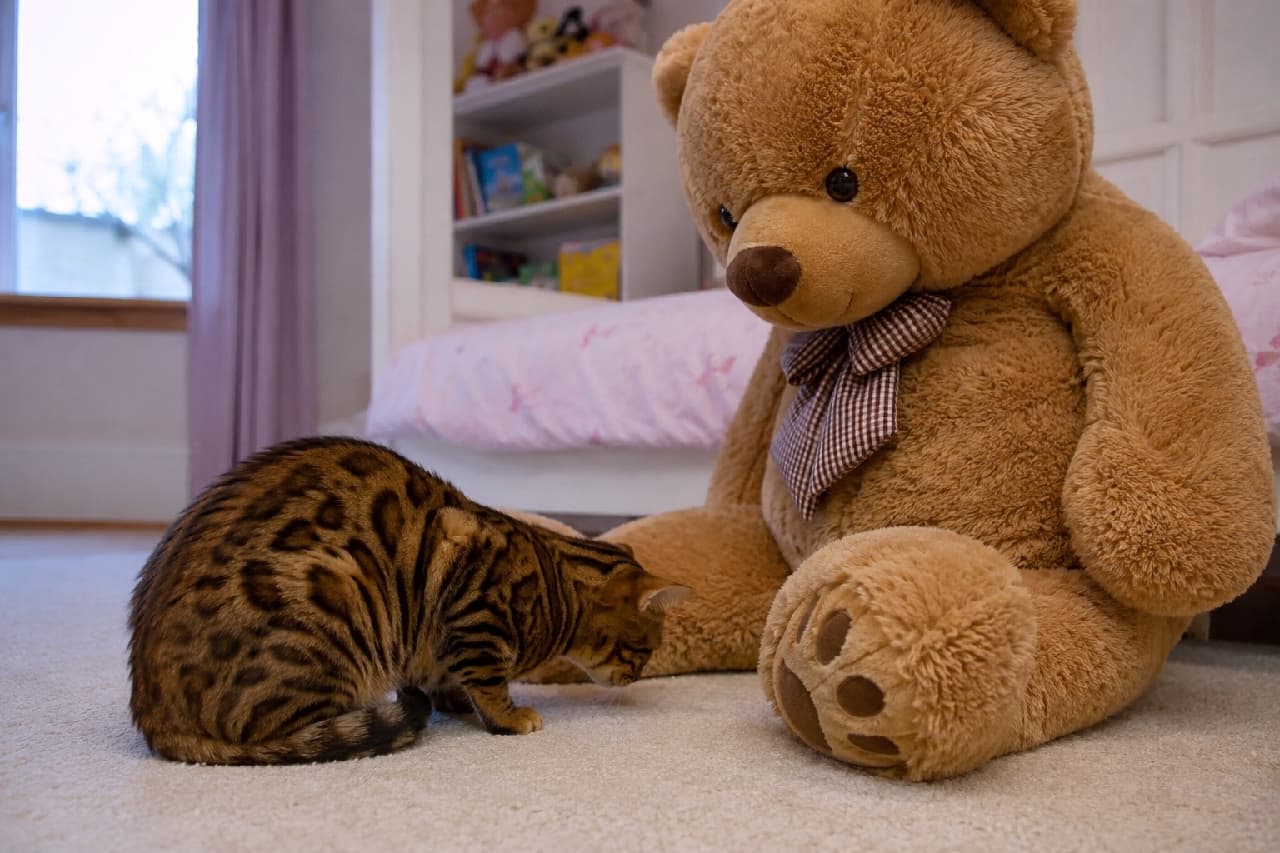 「巨大なクマさんに思わずご挨拶🧸🐾 野生味あふれるベンガルちゃんも、このサイズ差にはペコリと降参です🙇‍♀️✨ #ベンガル猫 #猫の不思議な行動」Ultra-realistic high-quality photograph of a beautifully patterned Bengal cat crouching submissively and bowing its head at the feet of a giant brown teddy bear on a soft carpet in a cozy bedroom setting. 柔らかいカーペットが敷かれたベッドルームで、自分より遥かに大きな茶色いクマのぬいぐるみの足元に、頭を下げて服従のポーズをとる美しいロゼット柄のベンガル猫の超高画質写真。相手の大きさに圧倒されている様子が精細に描かれています