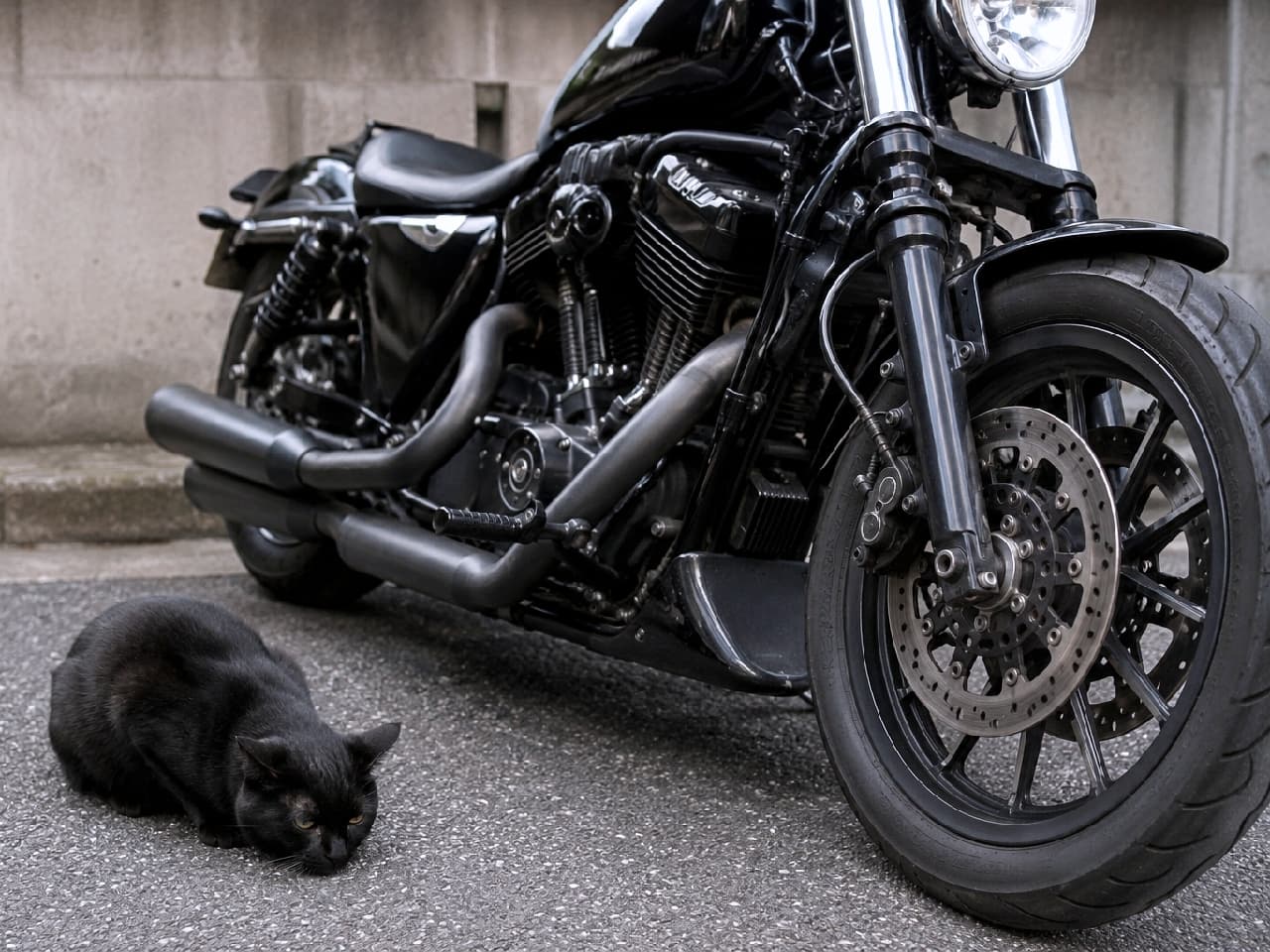 「鉄の馬には勝てないニャ…🏍️🐈‍⬛ 巨大なバイクの迫力に押されて、アスファルトと同化しようとする黒猫ちゃんが健気すぎる🥺」Ultra-realistic high-quality photograph of a small black cat crouching flat on an asphalt street in submission next to the imposing front wheel of a massive, heavy black cruiser motorcycle. The contrast between cold metal and the sleek cat is striking. 都会のアスファルトの路上で、クロームのパーツが鈍く光る巨大な黒いアメリカンバイクのフロントタイヤ横に、気配を消すように耳を伏せて平伏する黒猫。機械の重厚感と、しなやかで小さな黒猫の対比がソリッドに描かれています