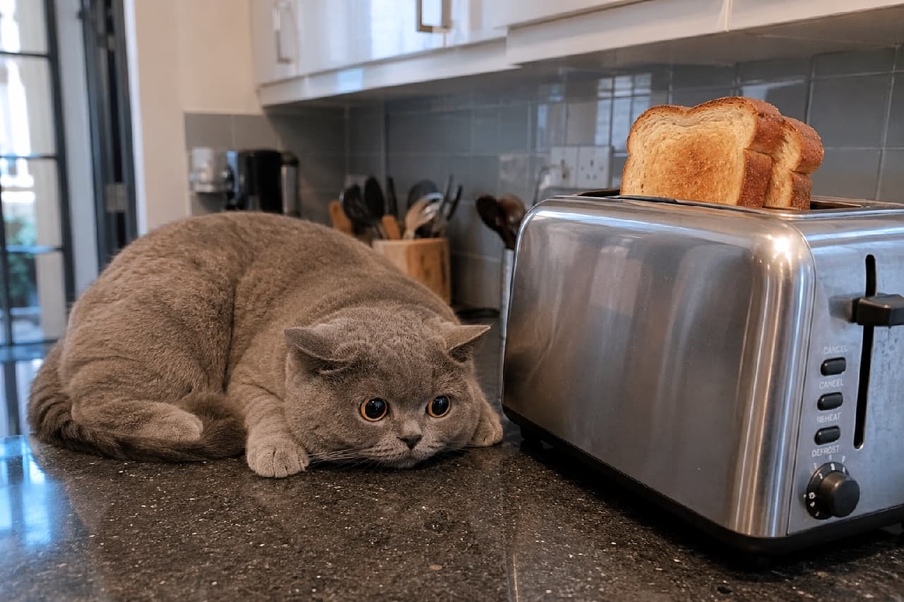 「トースターの「チン！」に降参🍞🙀 見事なイカ耳とペッタリ伏せたポーズで、未知のメカに敬意（？）を払う姿が最高です✨ #ブリティッシュショートヘア #猫と家電」Ultra-realistic high-quality photograph of a grey British Shorthair cat crouching submissively on a black granite kitchen counter, featuring wide orange eyes and flat airplane ears in response to toast popping out of a silver toaster. 黒い大理石調のキッチンカウンターで、銀色のトースターからパンが飛び出した瞬間に驚き、まん丸のオレンジ色の目を見開き、見事なイカ耳で平伏すブリティッシュショートヘアの超高画質写真。美しいグレーの被毛と無機質な家電の対比が鮮明です
