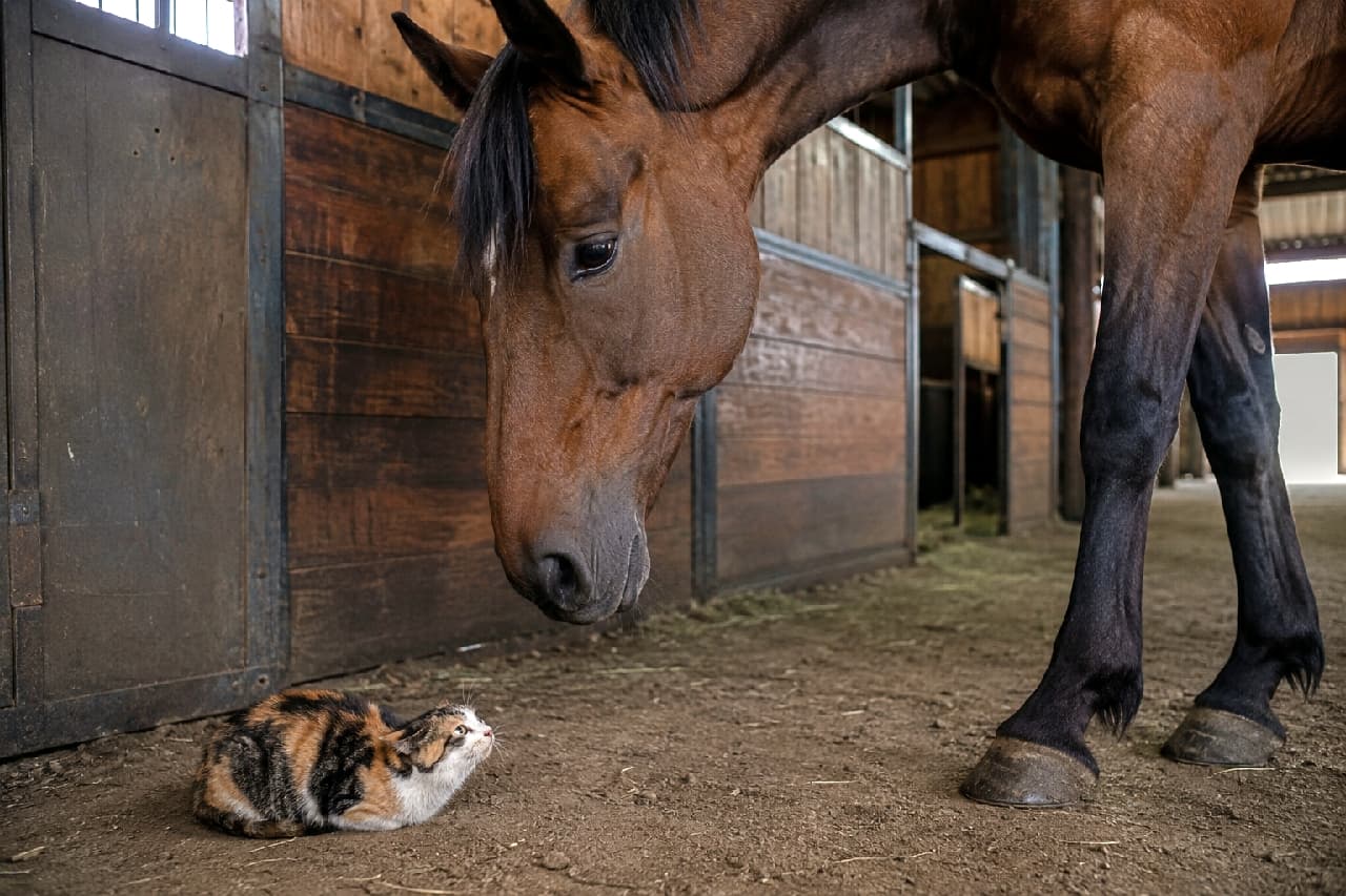 「お馬さん大きすぎるニャ〜！🐎💦 圧倒的なサイズ差に、思わずお口をギュッと結んで固まる子猫ちゃんが可愛すぎます😍」Ultra-realistic high-quality photograph of a tiny calico kitten crouched completely flat on a dirt barn floor in submission, looking up with wide eyes as a massive brown horse gently lowers its head to sniff it, bathed in soft, rustic light. わらと土が敷かれた木のぬくもりある厩舎で、見上げるほど巨大な茶色い馬に顔を近づけられ、驚きと服従のあまりペタンと地面に這いつくばる三毛の子猫。極端なサイズ差と、柔らかな自然光が織りなす温かな情景が描かれています