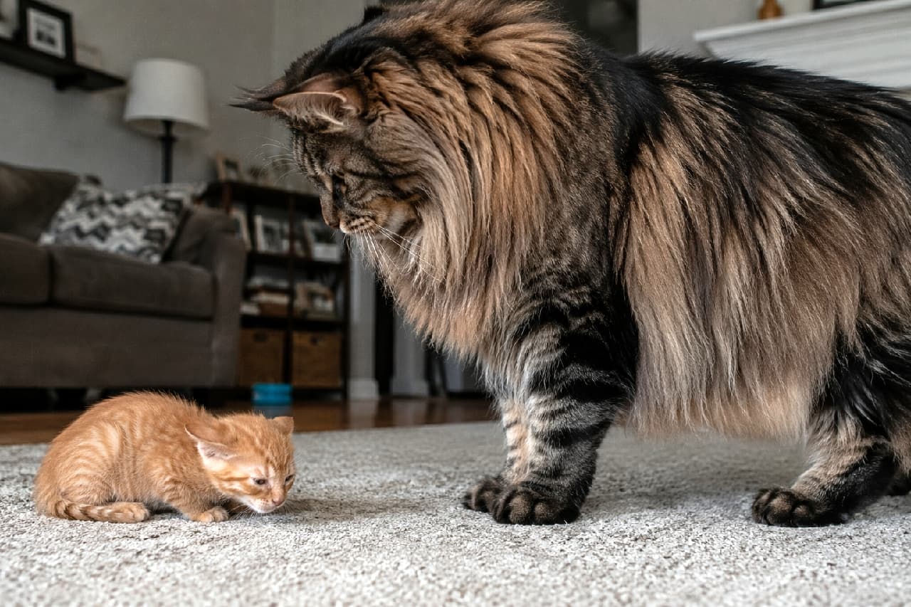 「王者の貫禄…👑 大きな先輩猫ちゃんを前に、思わずペタンと平伏しちゃう茶トラ子猫がたまらなく愛おしいですよね🥺✨ #猫のいる暮らし #メインクーン」Ultra-realistic high-quality photograph of a massive long-haired tabby Maine Coon looking down at a tiny orange tabby kitten. The kitten is crouching on the carpet in a submissive pose with slightly flattened ears, acknowledging the overwhelming size difference. The background features a softly blurred, warm living room. 巨大な体躯と豊かな飾り毛を持つ長毛種のキジトラ（メインクーン）が、足元にうずくまる小さな茶トラの子猫を見下ろす超高画質写真。子猫は耳を少し伏せ、圧倒的な体格差に負けを認めて完全に平伏すような服従のポーズをとっています。背景にはカーペットと温かみのあるリビングルームが美しいぼけ味で広がっています