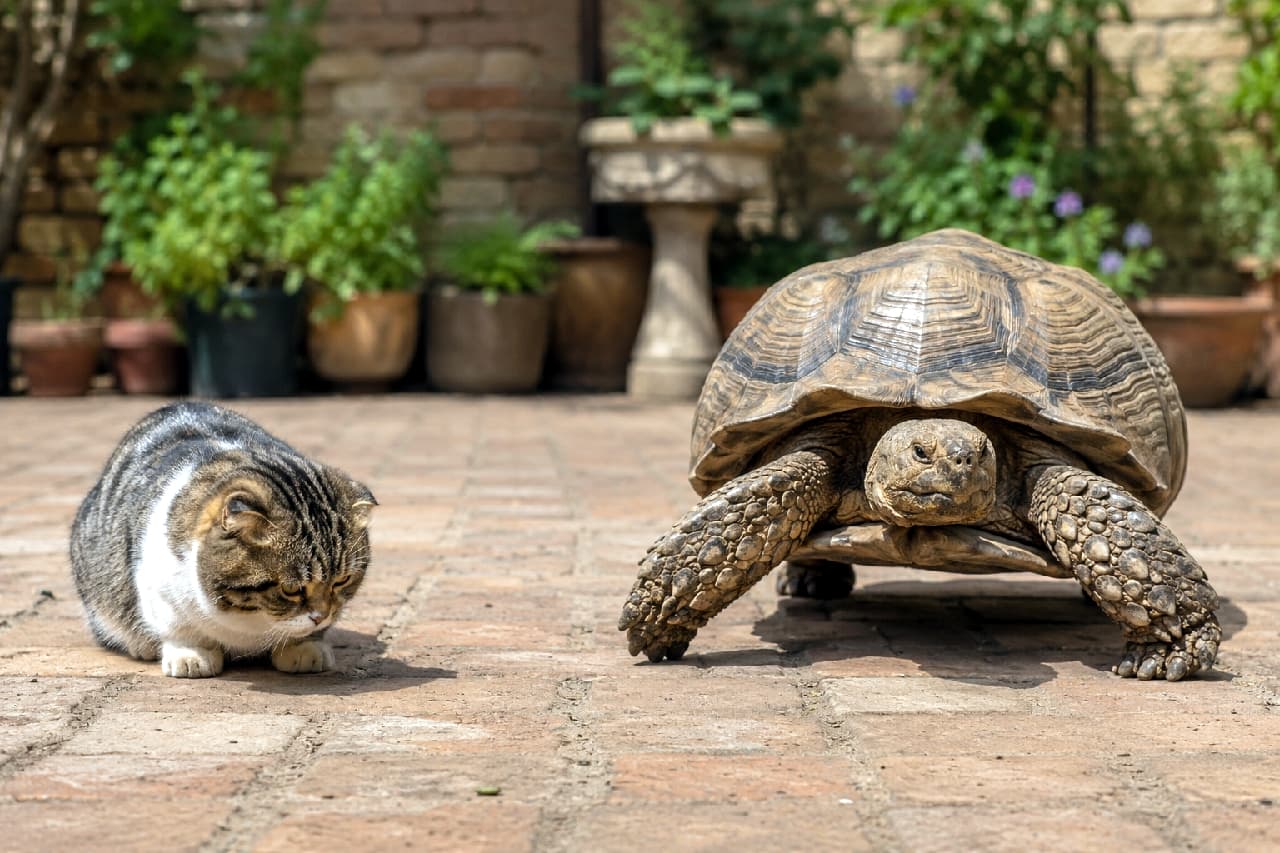 「ゆっくり近づいてくる巨大な甲羅に完全降伏🐢🏳️ 目を合わせないようにする姿が愛おしすぎます💕」Ultra-realistic high-quality photograph of a Munchkin cat with brown tabby and white fur bowing its head in submission to a giant African spurred tortoise approaching on a sunny brick patio. The warm sunlight highlights the humorous power dynamic. 陽光降り注ぐレンガ造りの庭で、のっしのっしと歩み寄る巨大なケヅメリクガメに対し、視線を落とし体を丸めて降参ポーズをとるキジトラ白のマンチカン猫。日光の暖かなニュアンスと、ユーモラスな力関係が鮮明に切り取られています