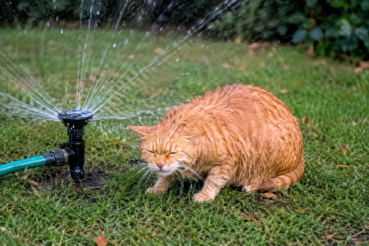 「スプリンクラーには絶対勝てません🚿🏳️ びしょ濡れになりながらも、ぺたんと伏せてやり過ごす茶トラちゃんにキュンとします🥺💧 #茶トラ #猫の日常」Ultra-realistic high-quality photograph of an orange tabby cat crouching low on the grass, keeping its eyes shut and body compact in total surrender to the heavy water spray from a garden sprinkler. 庭の緑の芝生で、作動するスプリンクラーの激しい水しぶきを直接浴び、完全に姿勢を低くして目を閉じ、水に対する負けを認めてうずくまる茶トラ猫の超高画質写真。濡れて束になった被毛がリアルなテクスチャで表現されています