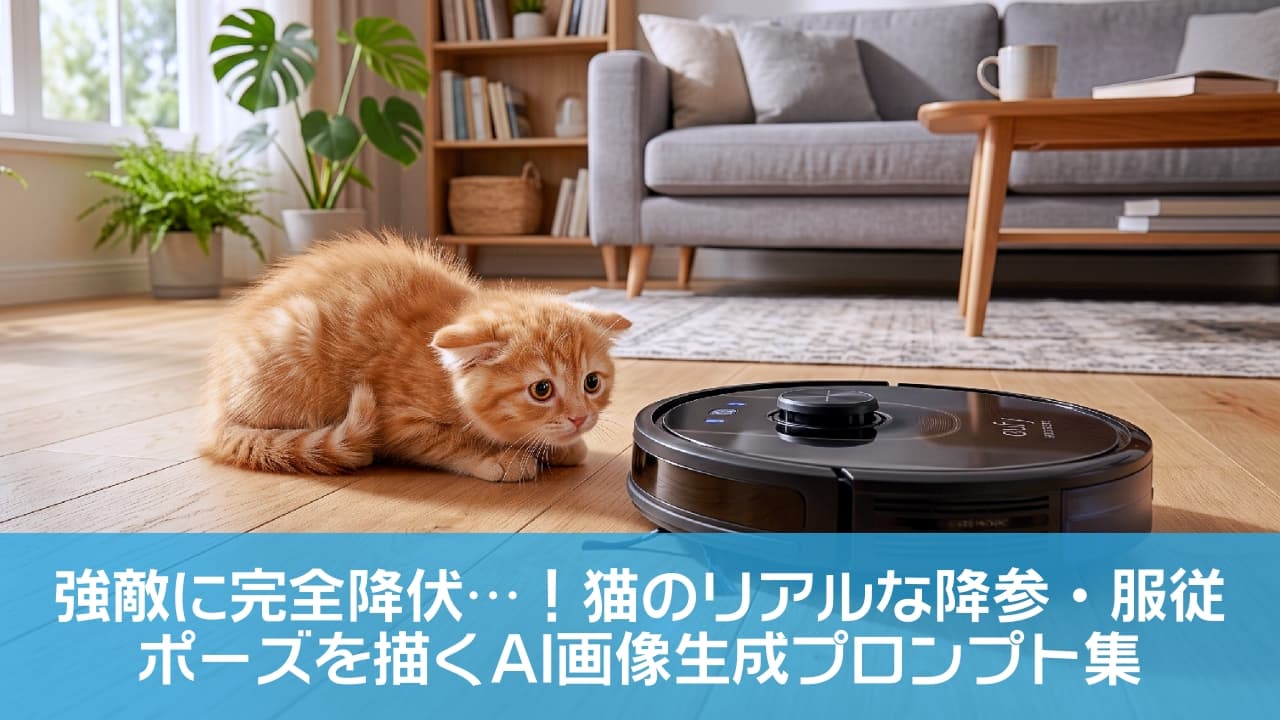 「ブィィン…って謎の黒い円盤が来たニャ💦 お部屋を走る謎の強者に、全力でへっぴり腰な子猫ちゃん🥺✨」Ultra-realistic high-quality photograph of an adorable orange tabby kitten crouching flat on a light wooden floor in a bright, modern living room, displaying total submission to an approaching black robot vacuum cleaner. The soft natural sunlight highlights its fluffy fur and wide, apprehensive eyes, capturing a perfect moment of humorous tension. 陽光が差し込む明るくモダンなリビングのフローリングで、迫りくる黒いロボット掃除機に対して耳をペタンと後ろに伏せ、体を小さく丸めて降参ポーズをとる茶トラの子猫（スコティッシュフォールド風）。見開かれた大きな丸い瞳と、ふわふわの被毛を照らす柔らかな自然光が、未知の家電に対する子猫の緊張感と圧倒的な愛らしさを精細に描き出しています
