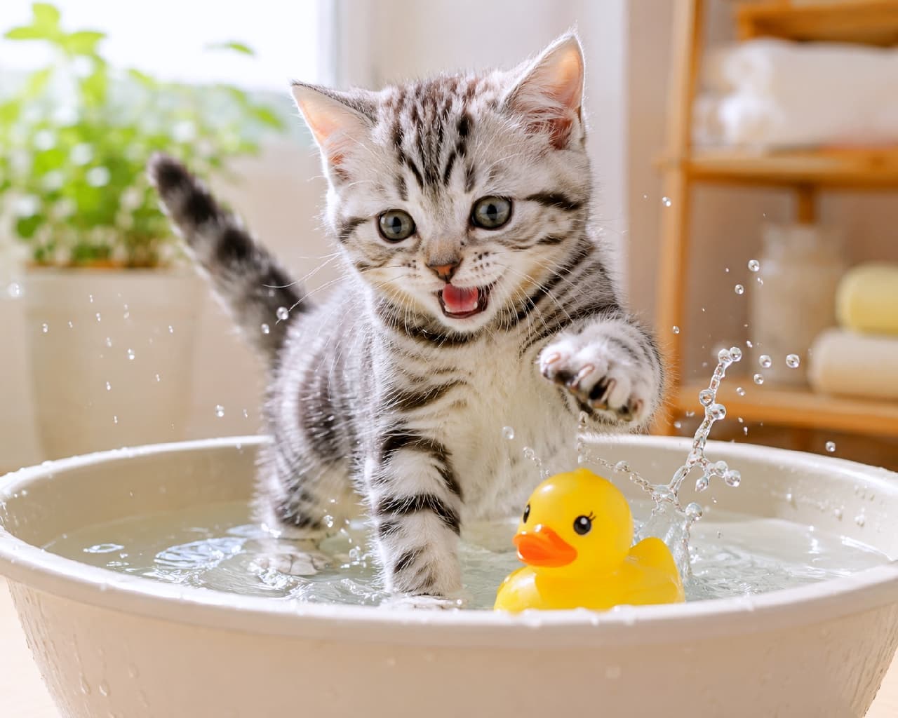 「アヒルさんと一緒にお水遊び！💦元気いっぱいの笑顔に、こっちまでパワーをもらえちゃう🌞✨ #アメリカンショートヘア #子猫の笑顔」Ultra-realistic high-quality photograph of a playful American Shorthair silver tabby kitten splashing water in a white basin with a yellow rubber duck floating nearby. Bright natural sunlight illuminates the kitten's open-mouthed, energetic expression and the flying water droplets. 明るい日差しが差し込む部屋で、白い洗面器の水に前足を突っ込んで遊ぶシルバークラシックタビーのアメリカンショートヘアの子猫。水面には黄色いアヒルのおもちゃが浮かび、口を大きく開けたやんちゃな表情と、飛び散る水しぶきが躍動感にあふれています