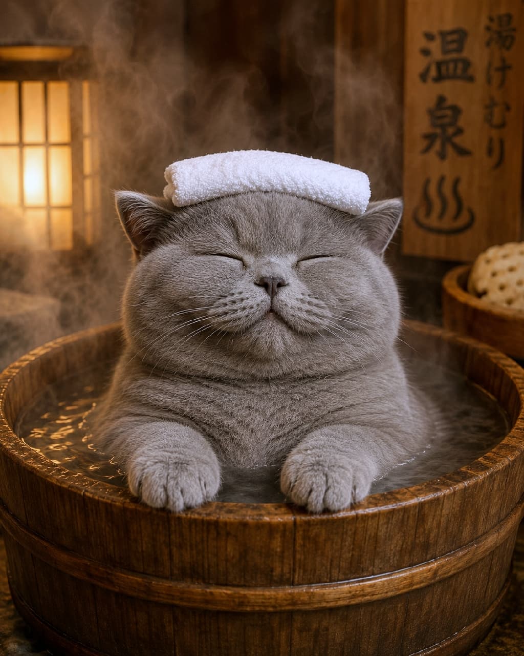 「「いい湯だな〜ニャ♨️」頭にタオルを乗せてすっかり温泉マスターの風格！一緒に浸かりたくなりますね🍶 #ブリティッシュショートヘア #温泉猫」Ultra-realistic high-quality photograph of a chubby, blue British Shorthair cat relaxing in a traditional Japanese wooden onsen tub, with a folded white towel on its head and steam rising gracefully around it. 湯気が立ち込めるレトロな木製の樽風呂に浸かり、頭に白いタオルを乗せて極楽気分のブリティッシュショートヘアの猫。ブルー（グレー）のふくよかな被毛と丸い顔立ちが強調され、目を閉じて微笑むような表情が、背後の「温泉」の看板と共に和の風情を醸し出しています