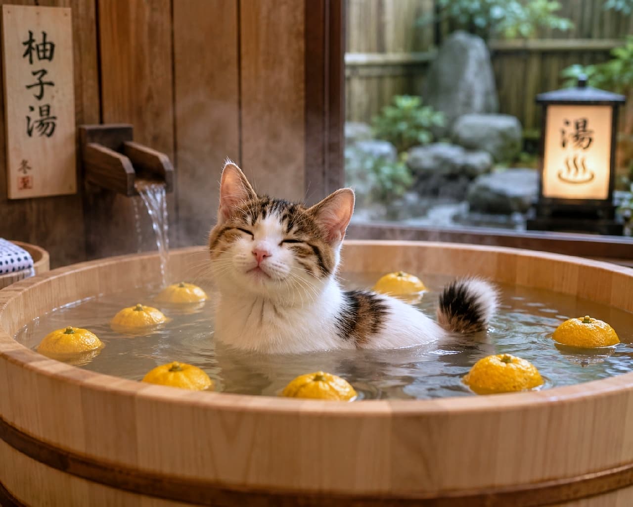 「はぁ〜、極楽極楽♨️ 柚子の香りに包まれて、すっかり温泉マスターなお顔です🐱🍊 #柚子湯 #温泉猫」Ultra-realistic high-quality photograph of a calico-tabby kitten relaxing in a traditional Japanese wooden bathtub filled with floating yellow yuzu fruits, eyes closed in pure bliss, accompanied by rising steam and a serene Zen garden background. 趣のある木製のヒノキ風呂で、ぷかぷかと浮かぶ黄色い柚子と一緒に温泉に浸かる三毛トラ模様の子猫。目を細めて至福の微笑みを浮かべており、背景には「柚子湯」と書かれた木札や灯り、湯気漂う和風庭園の情景が広がっています