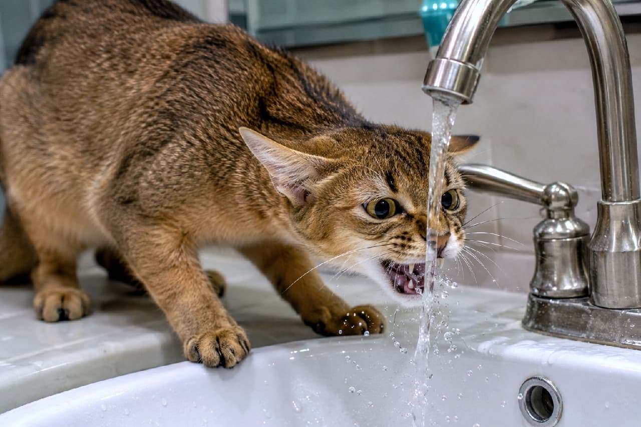「お水と本気のバトル中🔥 必死なお顔と飛び散る水しぶきがたまらなく愛おしいですよね😹✨ #猫のいる暮らし #チャウシー」Ultra-realistic high-quality photograph of a wild-looking Chausie kitten intensely biting at a stream of water flowing from a silver faucet into a white sink, with wide amber eyes, tense whiskers, and dynamic water splashes. 蛇口から勢いよく流れ落ちる水に鋭いキバを向けて噛み付こうとする、野生的な見た目のチャウシーの子猫。大きく見開かれた琥珀色の瞳とピンと張ったヒゲ、前傾姿勢のポーズ、水しぶきの躍動感が、明るい洗面台の背景の中で劇的に捉えられています