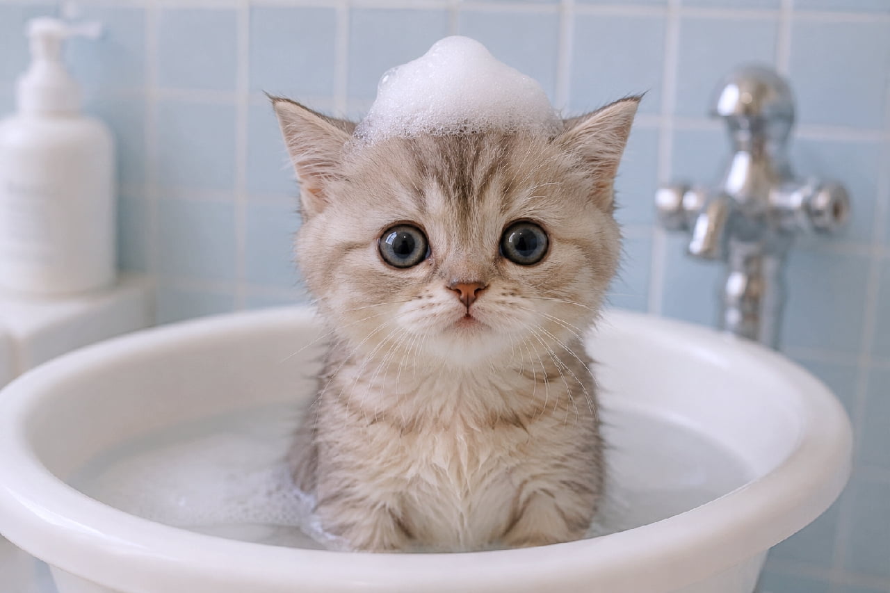 「頭にアワアワ乗っけちゃいました🫧大きなおめめでお風呂もへっちゃらな子猫ちゃんにキュン💖 #猫のいる暮らし #お風呂猫」Ultra-realistic high-quality photograph of a cute Munchkin kitten with big round black eyes sitting in a white basin filled with water, a dollop of soap suds on its head, against a clean light blue tiled wall with soft natural lighting. 丸くて大きな黒い瞳が愛らしい、シルバータビーのマンチカン子猫。白い洗面器のお湯に浸かり、頭にはちょこんと白い泡を乗せています。背景の水色のタイルと柔らかな自然光が、清潔感と癒しの雰囲気を引き立てています