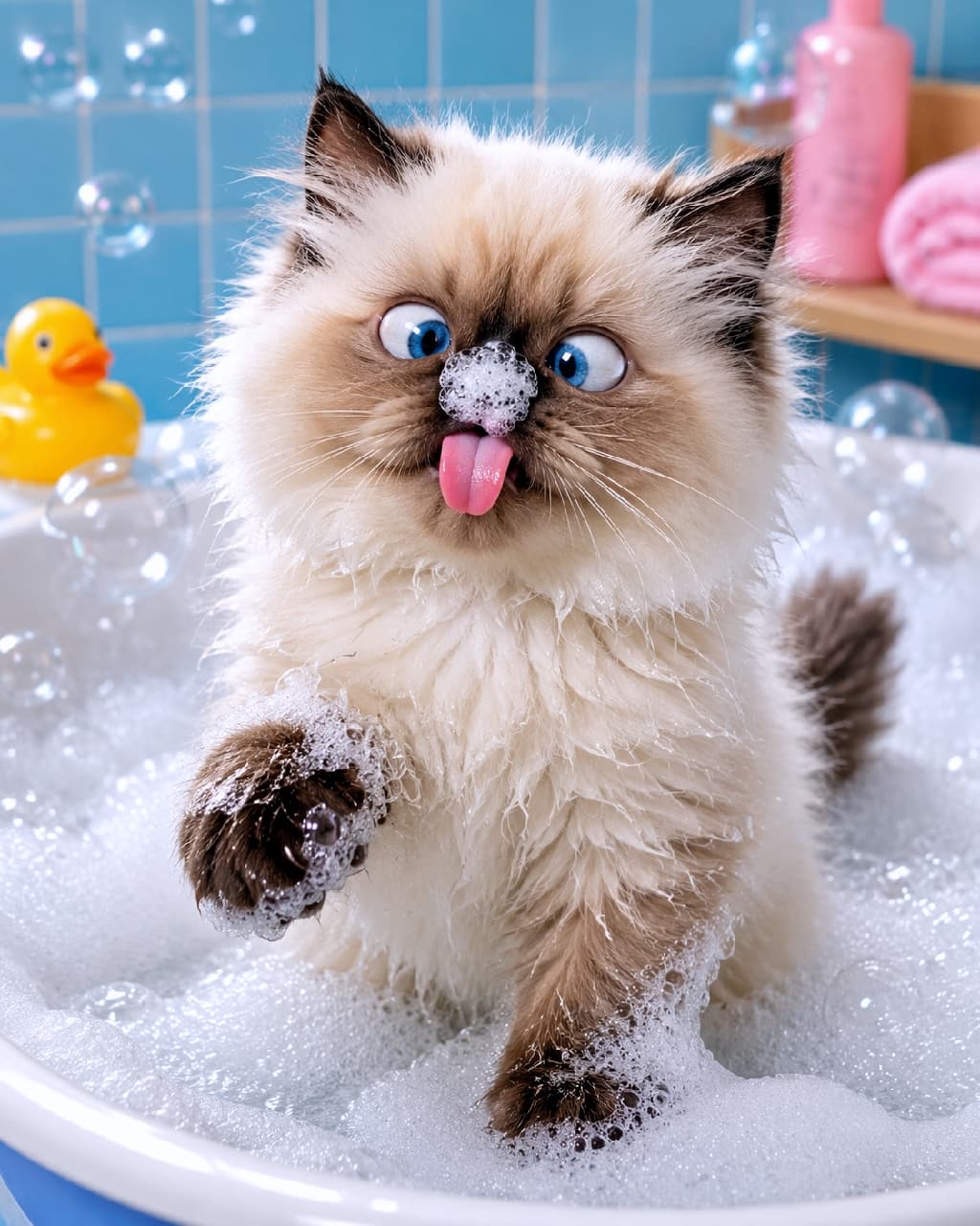 「「見て見て！お手々もアワアワだよ🐾」ひょうきんなお顔で遊び心満点のバスタイム.。o○🛁 #子猫のいる生活 #泡風呂」Ultra-realistic high-quality photograph of a fluffy Himalayan kitten in a tub overflowing with soap bubbles. The kitten has bright blue crossed eyes, a stuck-out tongue, and soap on its nose, while lifting one soapy front paw. The background includes blue tiles, iridescent floating bubbles, a yellow rubber duck, and pink bath accessories on a wooden shelf. たっぷりの泡に包まれたヒマラヤンの子猫が、シャボン玉が浮かぶバスタブの中で泡だらけの右前足をちょこんと上げている様子。愛らしい寄り目とピンクの舌、鼻先の泡がユーモラスです。背景の水色のタイルや黄色いアヒル、奥に見えるピンクのバスグッズが、明るく清潔感のあるポップな情景を作り出しています
