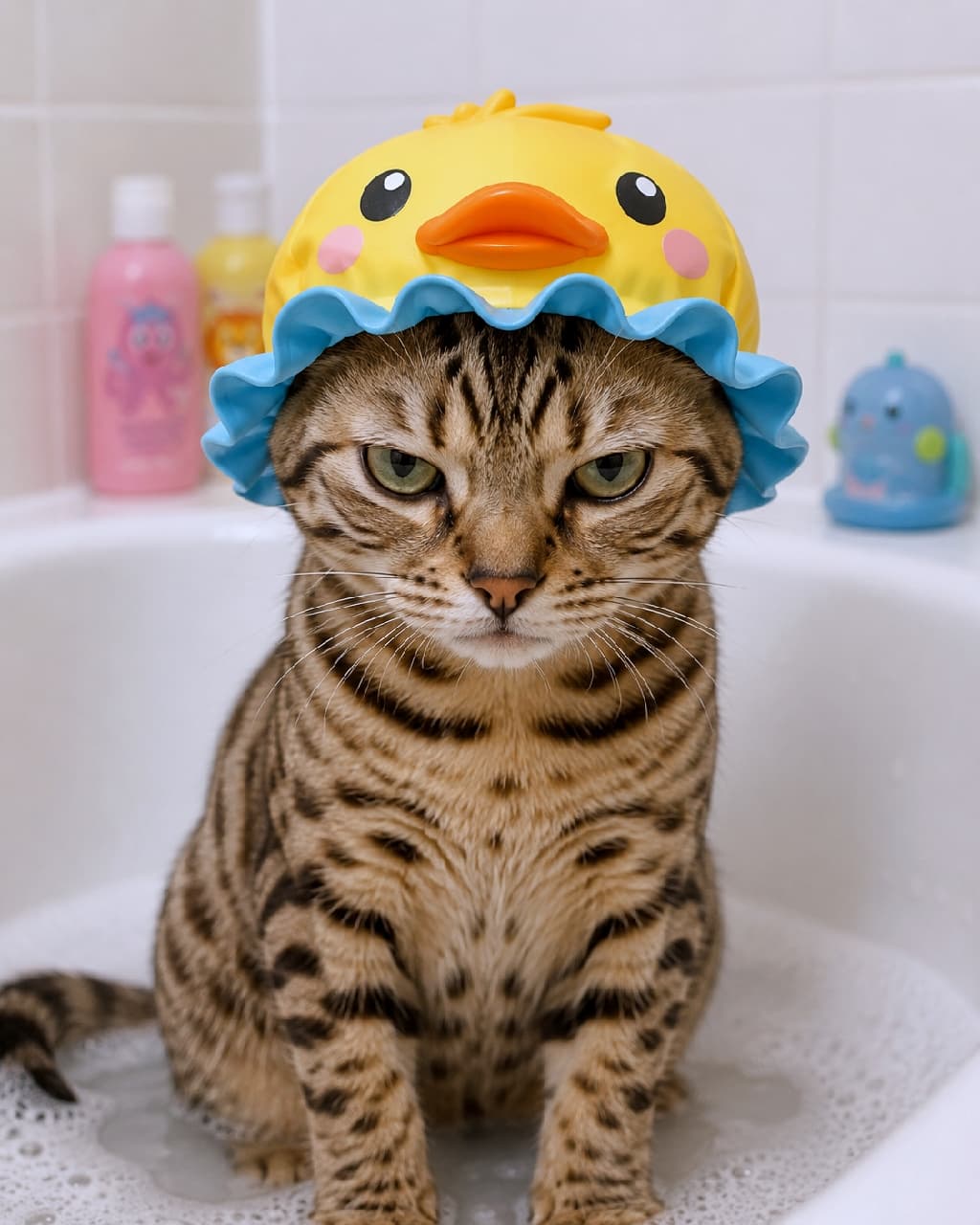 「「早く出たいにゃ…」不満げなお顔と可愛いアヒル帽のギャップが反則級！🤣💛 #オシキャット #猫のお風呂 #お風呂タイム #猫のいる暮らし」Ultra-realistic high-quality photograph of an Ocicat kitten with beautiful rosetted tabby markings sitting in a shallow bubble bath, wearing a funny yellow duck shower cap with blue ruffles and a distinctly grumpy expression, soft pastel bath items in the background. 青いフリルのついた黄色いアヒルのシャワーキャップを被り、不満げな表情で浅い泡風呂にお座りするオシキャットの子猫。美しいロゼット模様（ヒョウ柄）の被毛と、鋭いグリーンの瞳が印象的。背景にはパステルカラーのシャンプーボトルやアヒルのおもちゃが配置されています