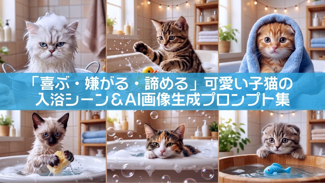 「喜怒哀楽ぜんぶ乗せ！😂 可愛すぎる子猫たちの「お風呂パラダイス」🛀💖」Ultra-realistic high-quality photograph collage showing six distinct bathing scenes of kittens. Features include an angry long-haired cat (Chinchilla-type) with foam on its head, an excited tabby playing with water, a red tabby wrapped in a blue towel with anxious eyes, a pointed cat (Siamese-type) holding a sponge and confused, a calico cat accepting its fate with floating bubbles, and a brown tabby looking at a toy fish in a wooden tub. 6つの異なる子猫の入浴シーンを集めた、非常にリアルで高画質な写真コラージュ。左上の不満げな表情の長毛種（チンチラ系）から、中央上の楽しそうに水しぶきを上げる好奇心旺盛なキジトラ、右上の青いタオルに包まれ不安げな茶トラ、左下のスポンジを持った困惑顔のポインテッド猫（シャム系）、中央下の諦めの表情の三毛猫（シャボン玉付き）、右下の木製桶でおもちゃの魚を見る困惑したキジトラまで。背景はタイル張りのバスルーム