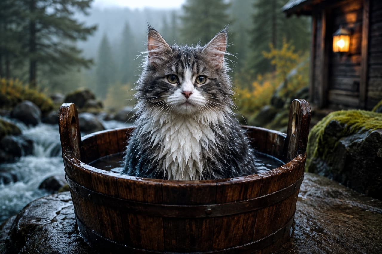 「大自然の露天風呂🌲🐾 森の妖精のような神秘的な佇まい。ちょっとしたアウトドア気分のバスタイムです🏕️ #ノルウェージャンフォレストキャット #アウトドア猫」Ultra-realistic high-quality photograph of a fluffy Norwegian Forest Cat kitten sitting in a wooden bucket bath next to a stream in a misty, moody forest. The wet long fur and the warm glow of a cabin lantern contrast beautifully with the cool natural surroundings. 霧がかった薄暗い森の中の小川のほとりで、無骨な木の桶に浸かるノルウェージャンフォレストキャットの子猫。濡れて束になった長毛のシルバータビー＆ホワイトの被毛と、野生味あふれる凛々しい表情が魅力的。背景の山小屋のランタンの光が幻想的