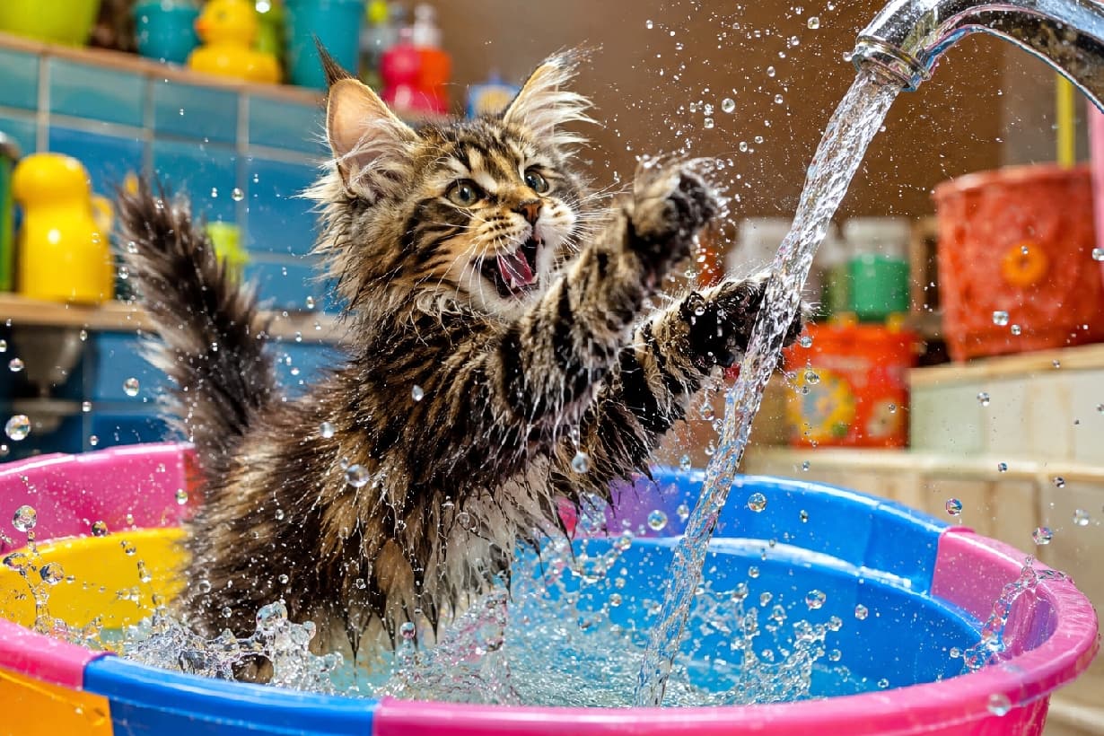 「お水キャッチ大成功！？💧✨カラフルなタライで無邪気に遊ぶ姿がたまらないにゃん🥰 #メインクーン #水遊び猫 #子猫の日常 #猫のいる暮らし #お風呂猫」Ultra-realistic high-quality photograph of a playful Maine Coon kitten with ear tufts splashing excitedly in a colorful plastic tub. The kitten is reaching both paws towards running water from a faucet, with water droplets frozen in mid-air against a bright, cheerful background. 耳先のリンクスティップとふさふさの被毛を持つメインクーンの子猫。ピンクや青のカラフルなタライの中で立ち上がり、蛇口から流れ落ちる水に両手を伸ばして大はしゃぎしています。水滴が空中に舞う瞬間とポップな背景が楽しい情景を演出しています
