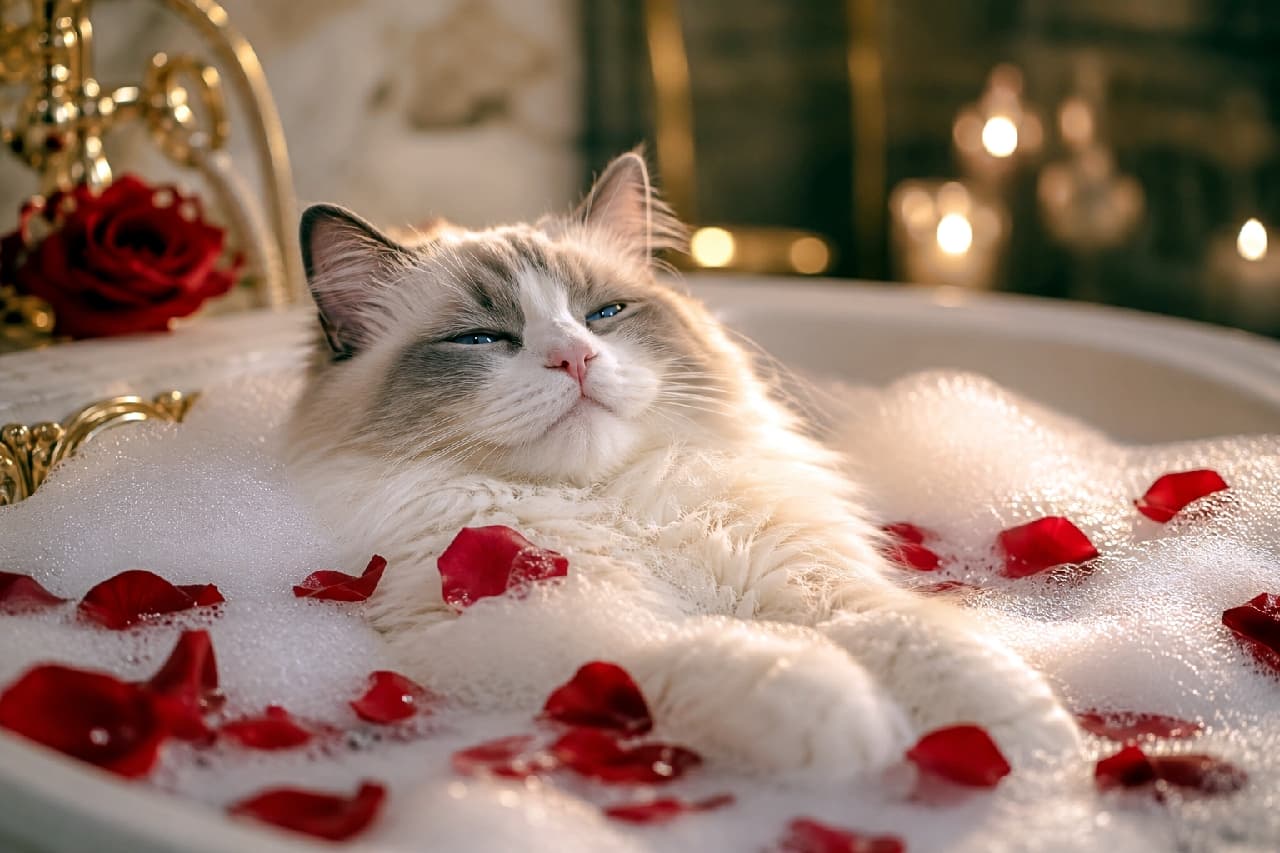 「まるで映画の主人公🎬🌹バラの香りに包まれて、至福のバスタイムを満喫中のにゃんこ🛁✨ #ラグドール #猫のいる贅沢 #猫のいる暮らし #お風呂猫」Ultra-realistic high-quality photograph of a fluffy Ragdoll kitten relaxing in a luxurious bubble bath scattered with red rose petals. The kitten has a dreamy expression, set against a romantic background with antique gold fixtures and soft, warm candlelight bokeh. 真っ赤なバラの花びらが浮かぶ泡風呂で、うっとりと目を閉じてくつろぐラグドールの子猫。ブルーの瞳を細め、ふわふわの被毛が泡に包まれています。アンティーク調のゴールドの蛇口や、背景で輝くキャンドルのボケ味が、ロマンチックでラグジュアリーな空間を作っています