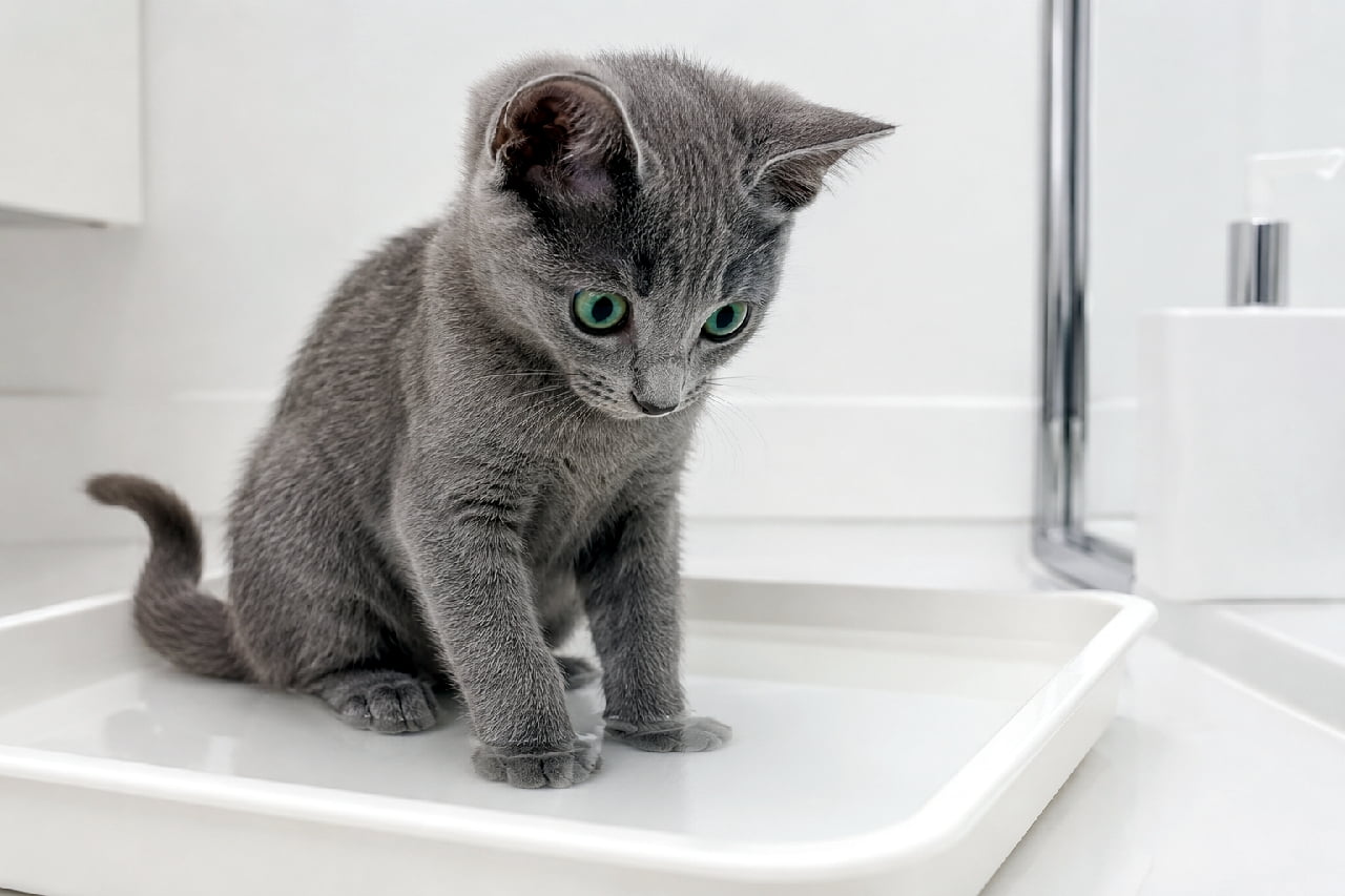 「「にゃんだこのお水は…？」👀真剣な横顔とエメラルドの瞳が美しすぎる子猫ちゃん✨ #ロシアンブルー #子猫の日常 #猫のいる暮らし #お風呂猫」Ultra-realistic high-quality photograph of a beautiful Russian Blue kitten with vivid green eyes sitting in a shallow white tray, staring intently at the water. The minimalist white bathroom background and sleek grey fur create a sophisticated and modern atmosphere. 美しいエメラルドグリーンの瞳を持つ、ロシアンブルーの子猫。モダンで真っ白なバスルームの浅いトレイに座り、足元の水面を不思議そうにじっと見つめています。無駄のないミニマルな背景と、滑らかなグレーの被毛が洗練された印象を与えます