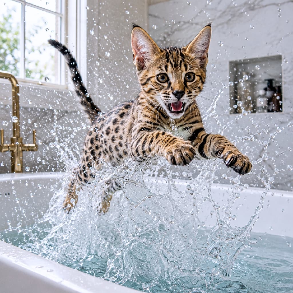 「お風呂から大ジャンプ！🐆💦躍動感MAXのサバンナちゃん、水遊びの激しすぎる一瞬をキャッチ📸✨ #サバンナキャット #奇跡の一枚」Ultra-realistic high-quality action photograph of a Savannah kitten caught mid-air, jumping dynamically over a white bathtub. The kitten has wide-open eyes, an open mouth, and outstretched paws, creating a spectacular splash of water droplets frozen in time. The background is a luxury bathroom with gold fixtures, marble walls, and a window letting in natural light. 美しいヒョウ柄を持つサバンナの子猫が、お湯の張られた白いバスタブからダイナミックに飛び出している瞬間。大きく見開いた目と開いた口が驚きやエネルギーを表し、手足を大きく広げた躍動感あふれるポーズとともに、激しく舞い散る水しぶきがクリスタルのように輝いています。背景のゴールドの蛇口や大理石風の壁が、高級感のある空間を演出しています